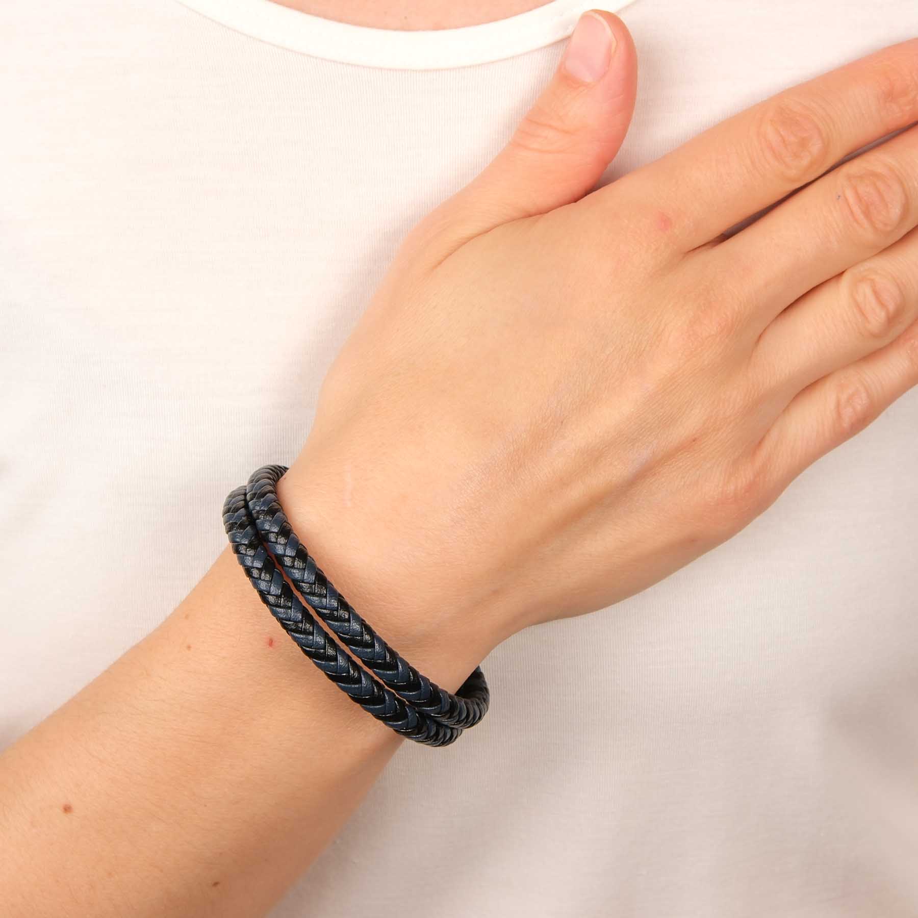 Bracelet en cuir double tressé gris-noir