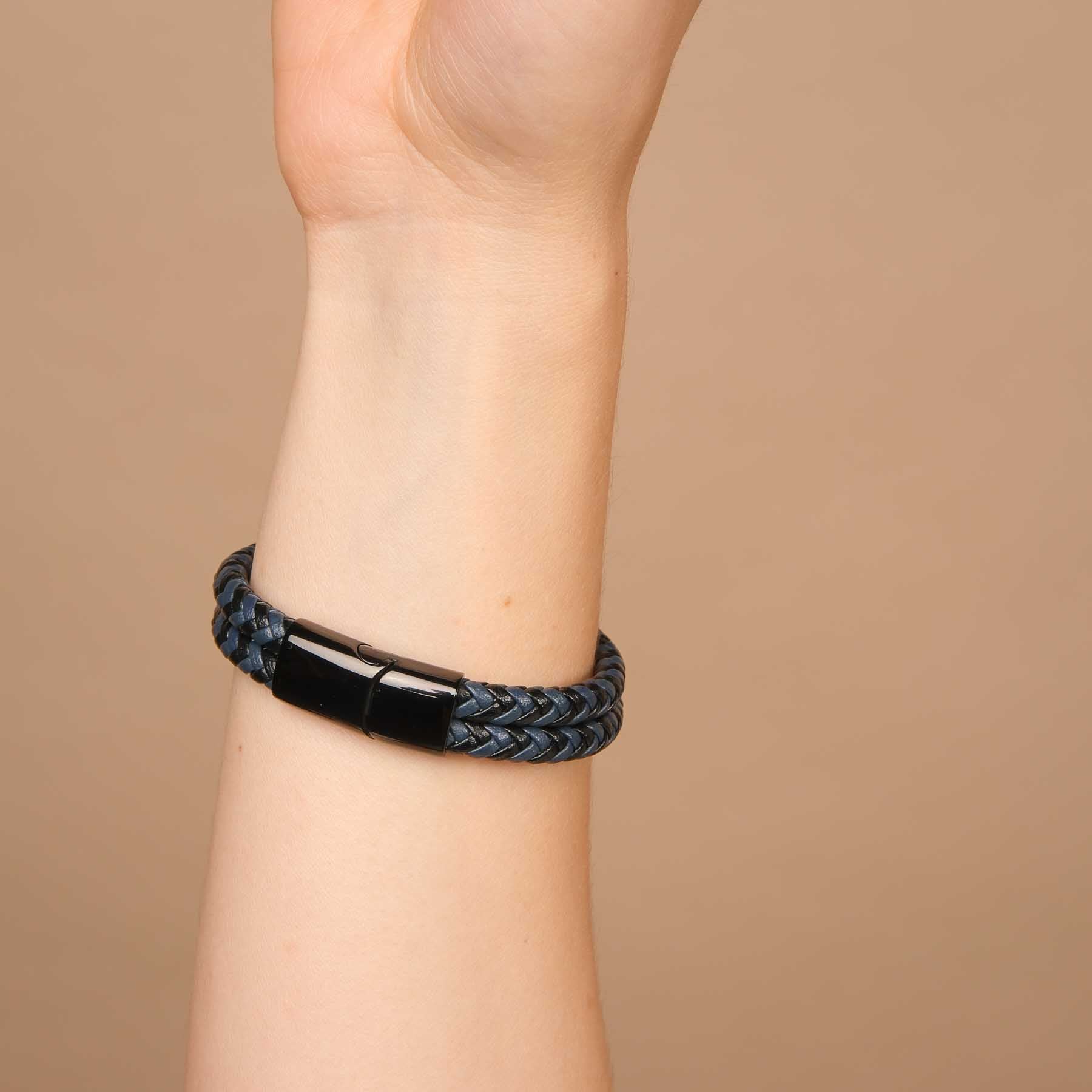 Bracelet en cuir double tressé gris-noir