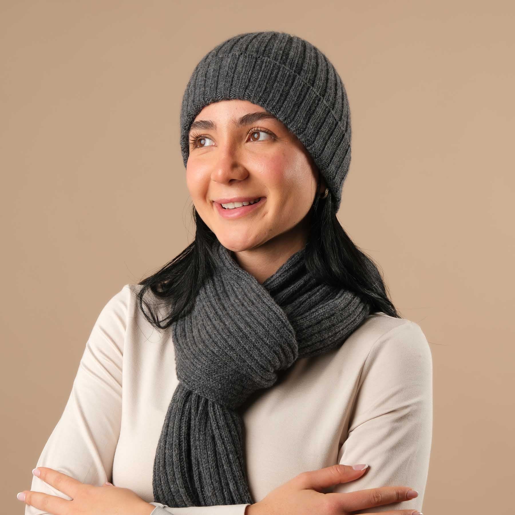 Écharpe cachemire côtelé anthracite