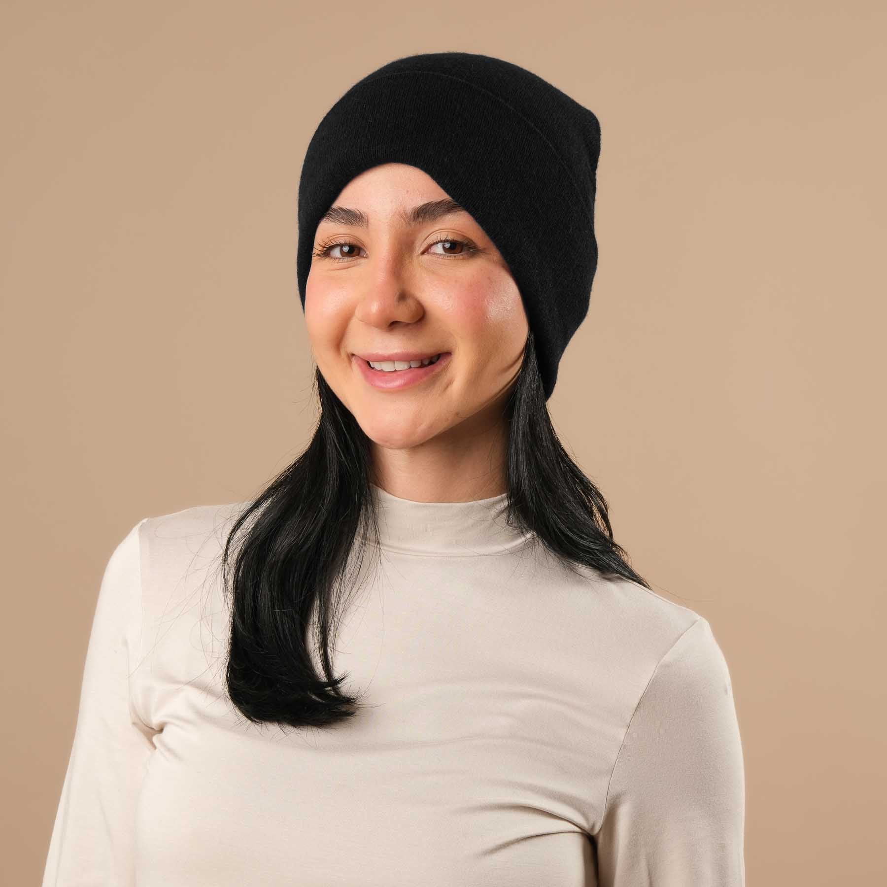 Bonnet cachemire (Beanie) avec laine mérinos noir