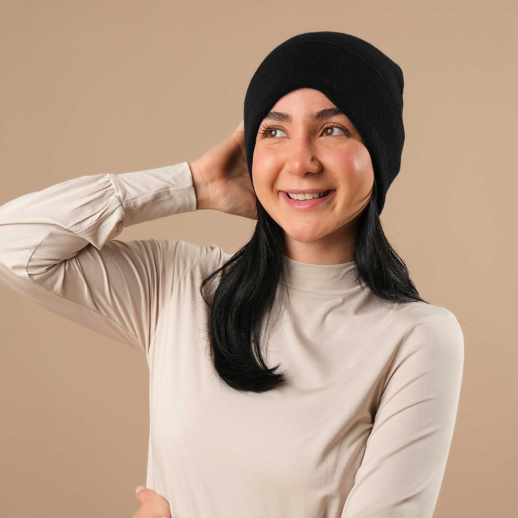 Bonnet cachemire (Beanie) avec laine mérinos noir
