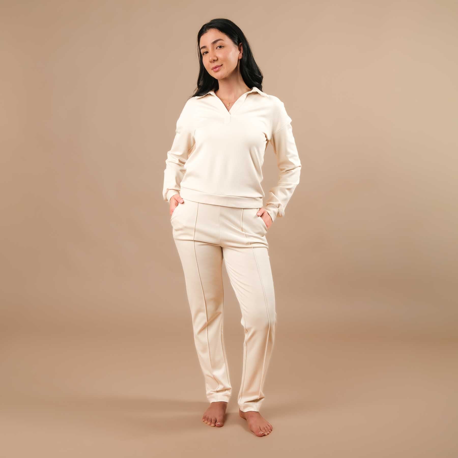 Business Jogger Pantalon Femme - pantalon d'affaires élastique avec passepoil écru