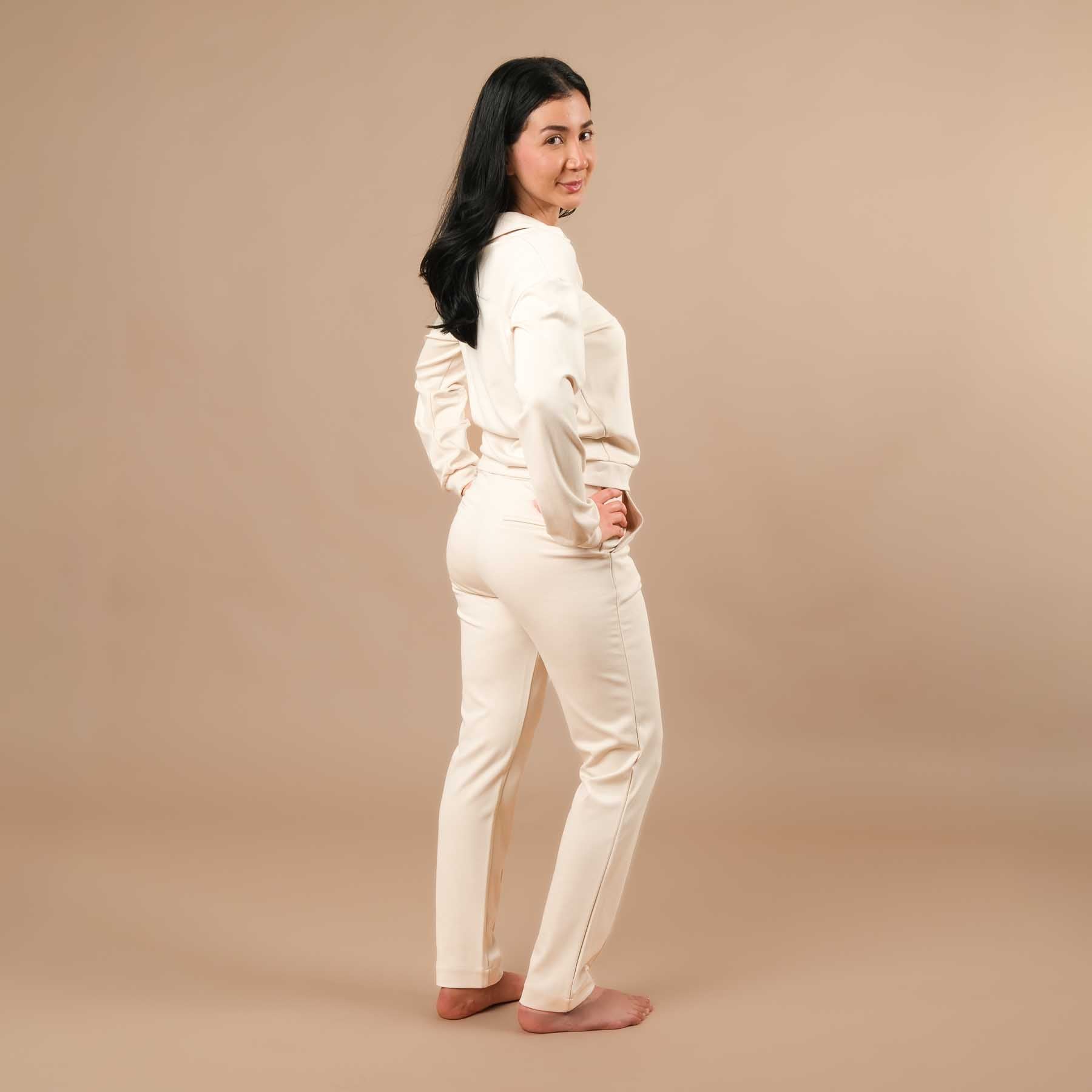 Business Jogger Pantalon Femme - pantalon d'affaires élastique avec passepoil écru