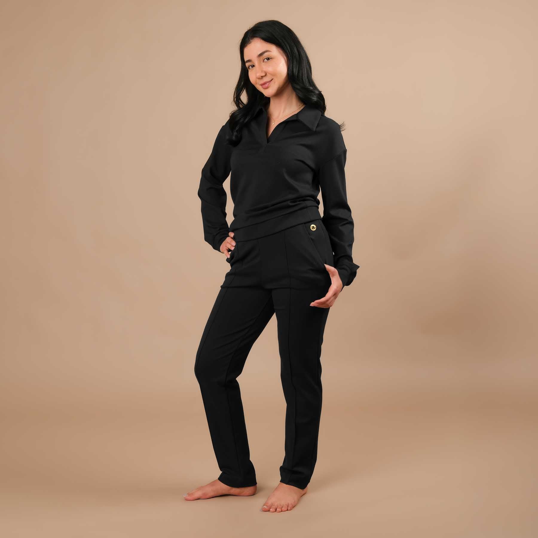 Business Jogger Pantalon Femme - pantalon d'affaires élastique avec passepoil noir
