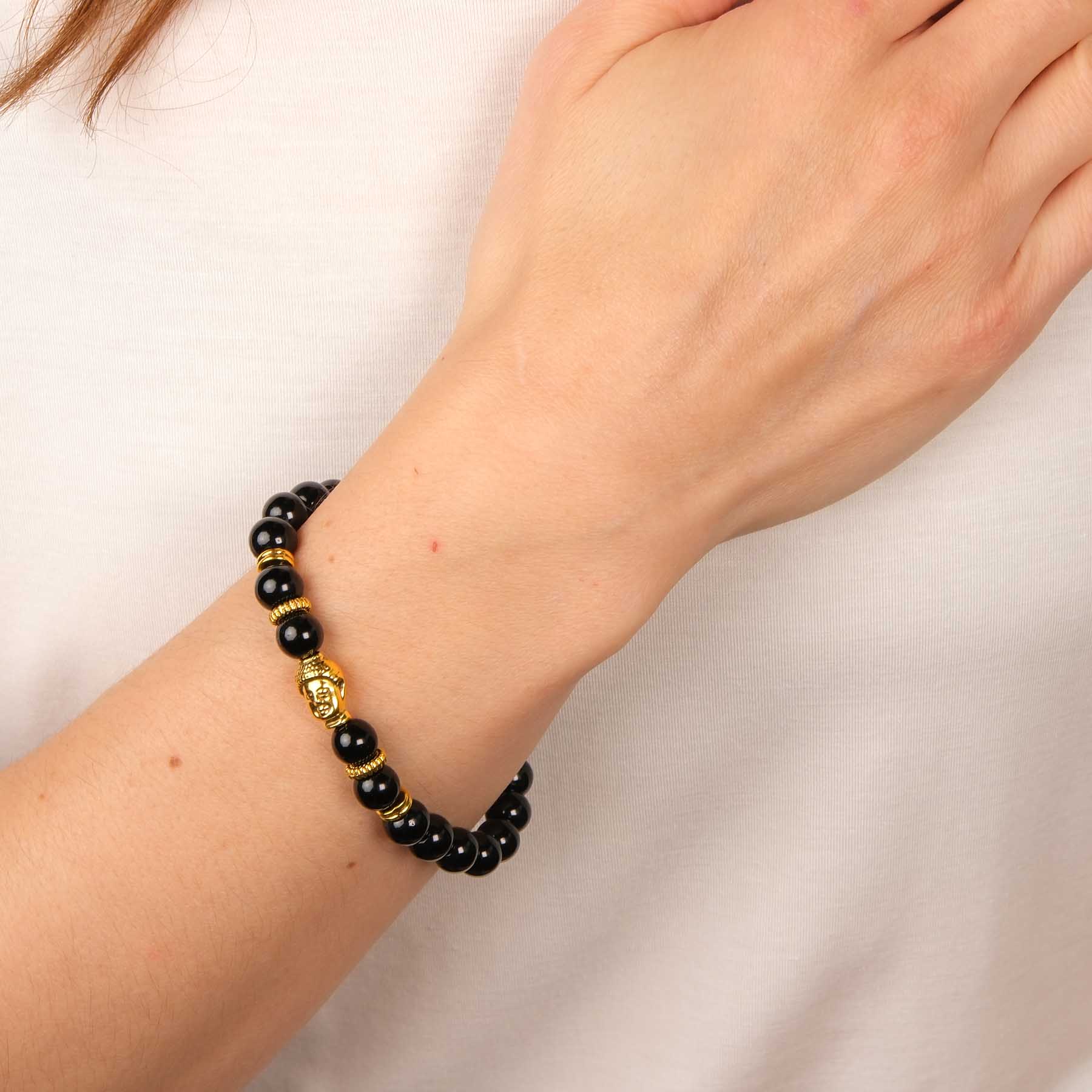 Bracelet de pierres précieuses Golden Buddha agate noire
