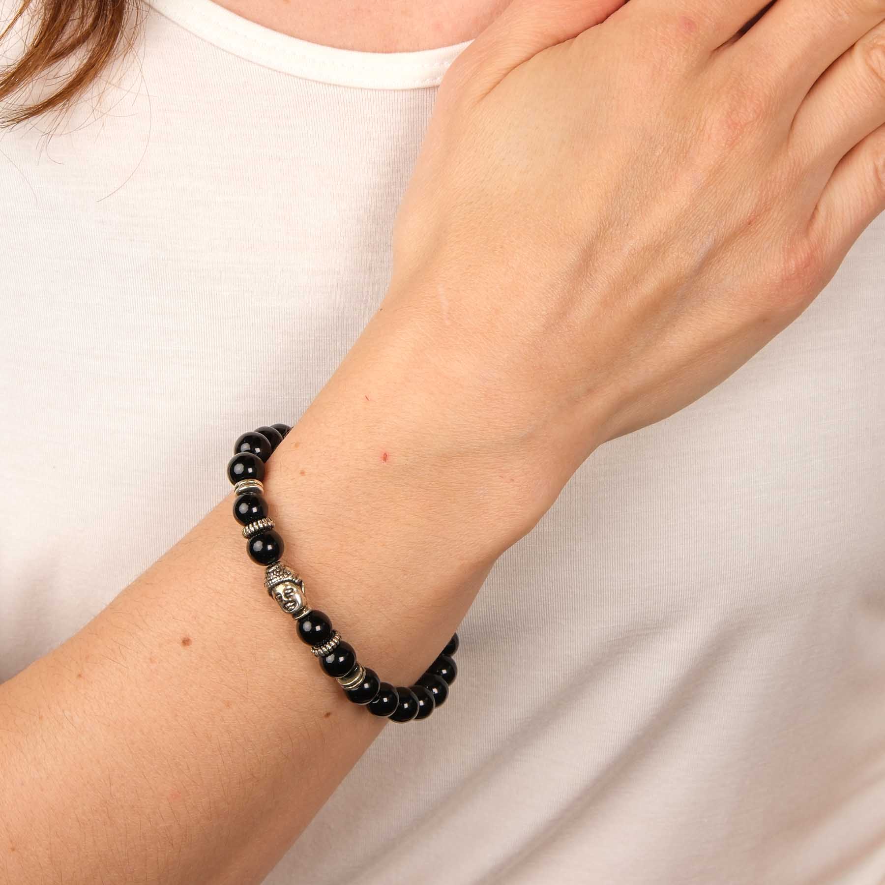 Bracelet de pierres précieuses Silver Buddha en agate noire
