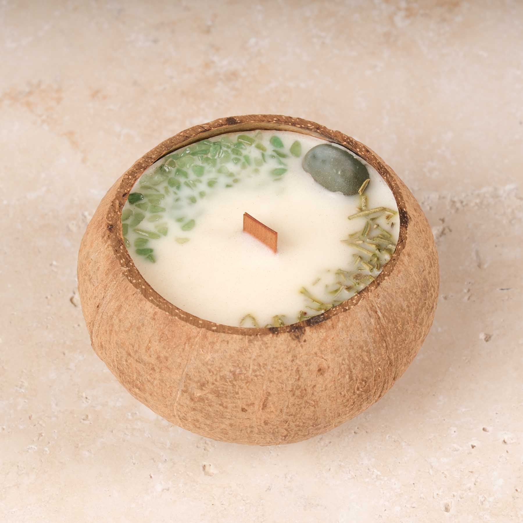 Bougie parfumée à la noix de coco et aux pierres précieuses Shangri La & Aventurine