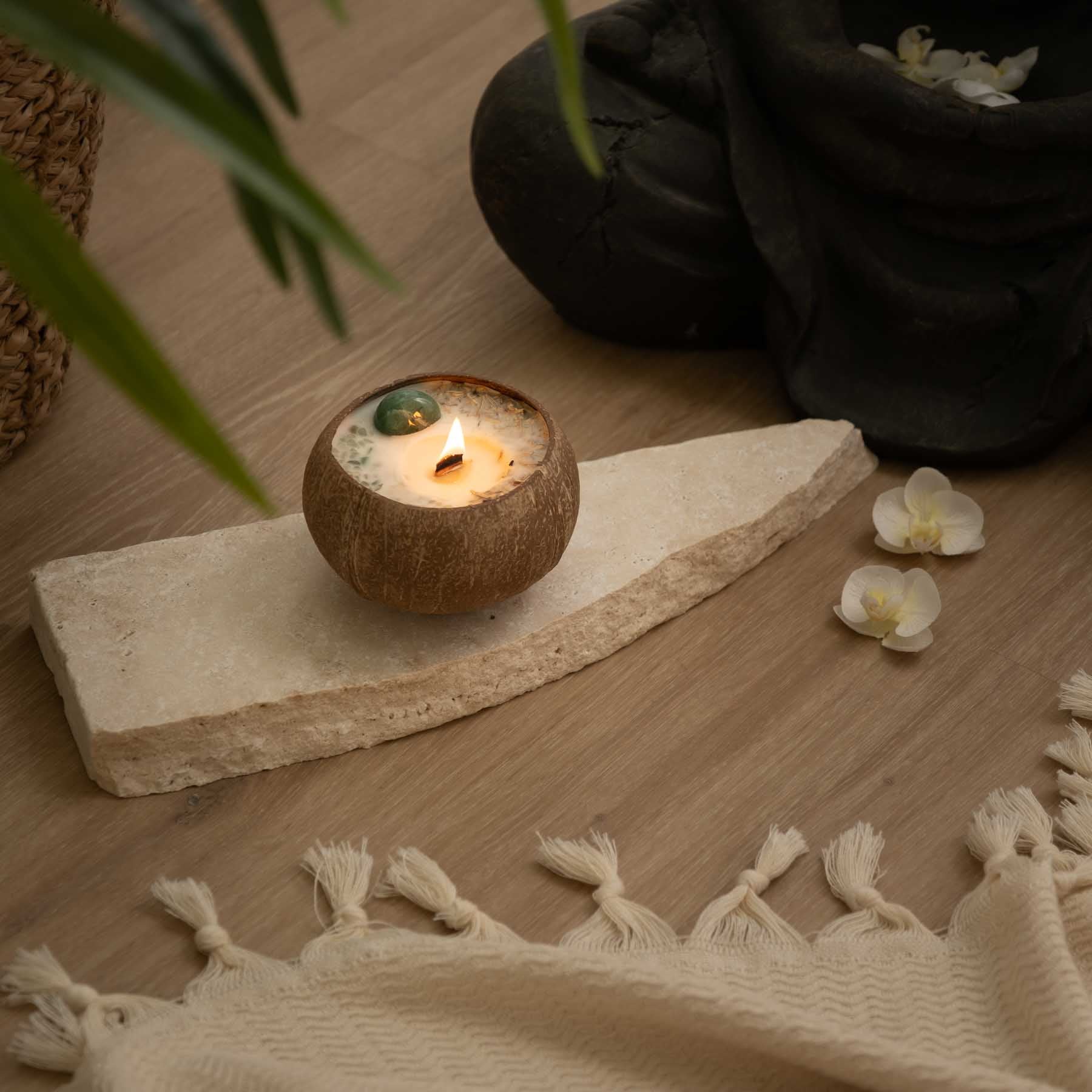 Bougie parfumée à la noix de coco et aux pierres précieuses Shangri La & Aventurine