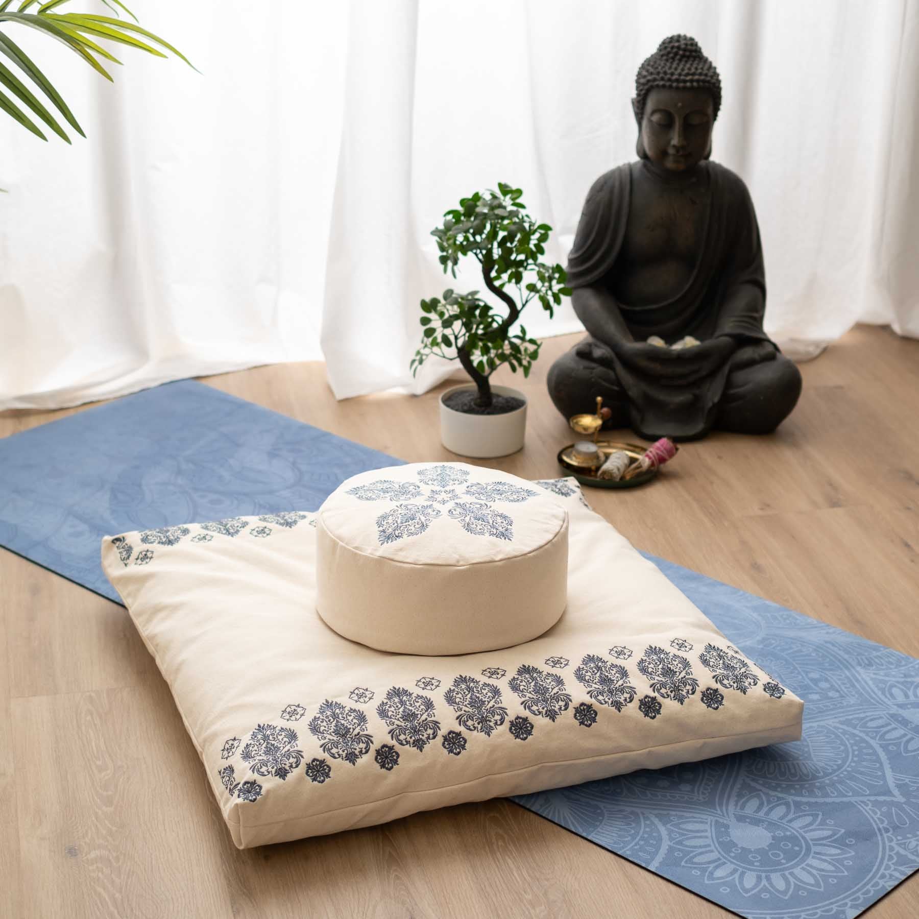 Coussin de méditation rond Fleur-de-Lys bleu