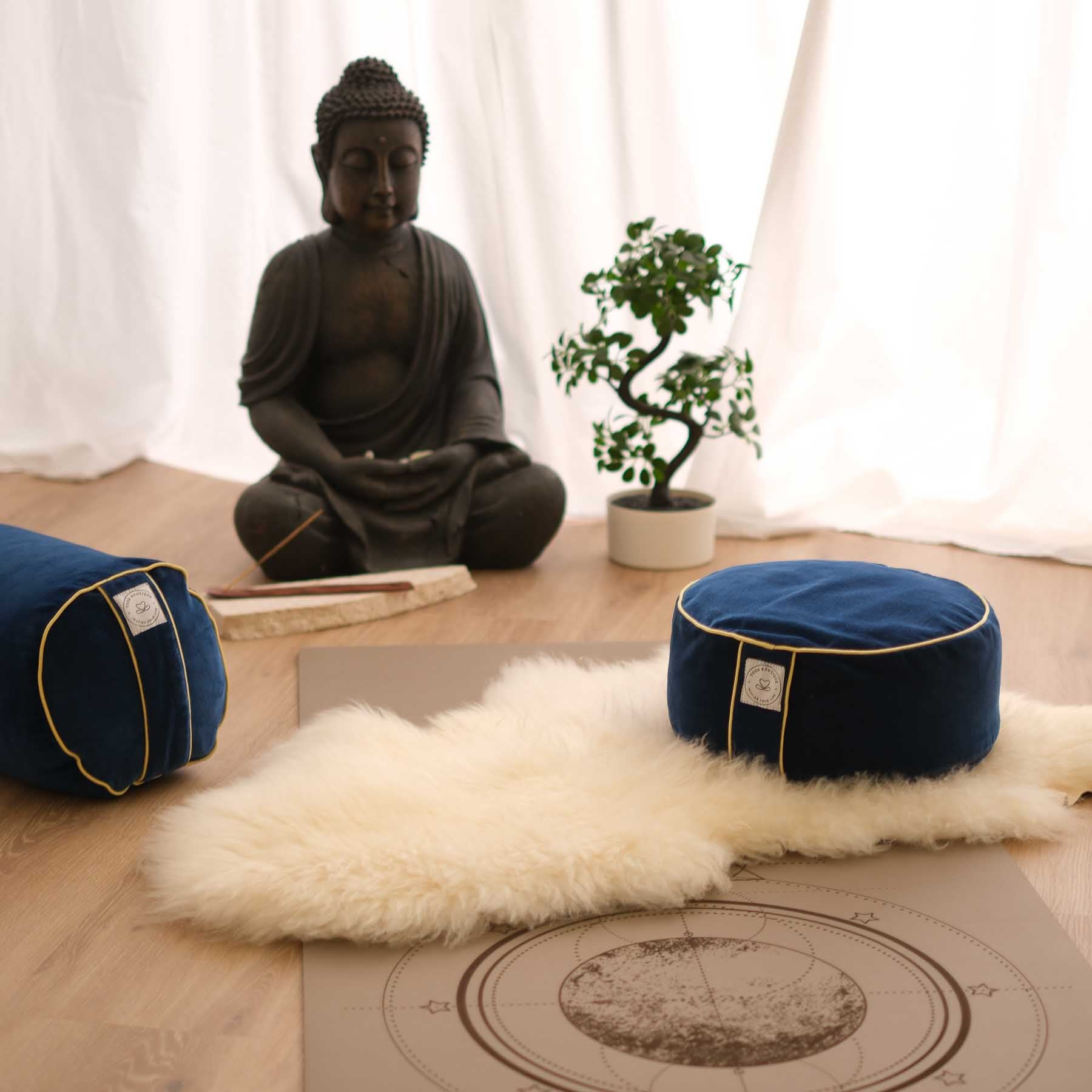 Coussin de méditation rond en velours bleu uni