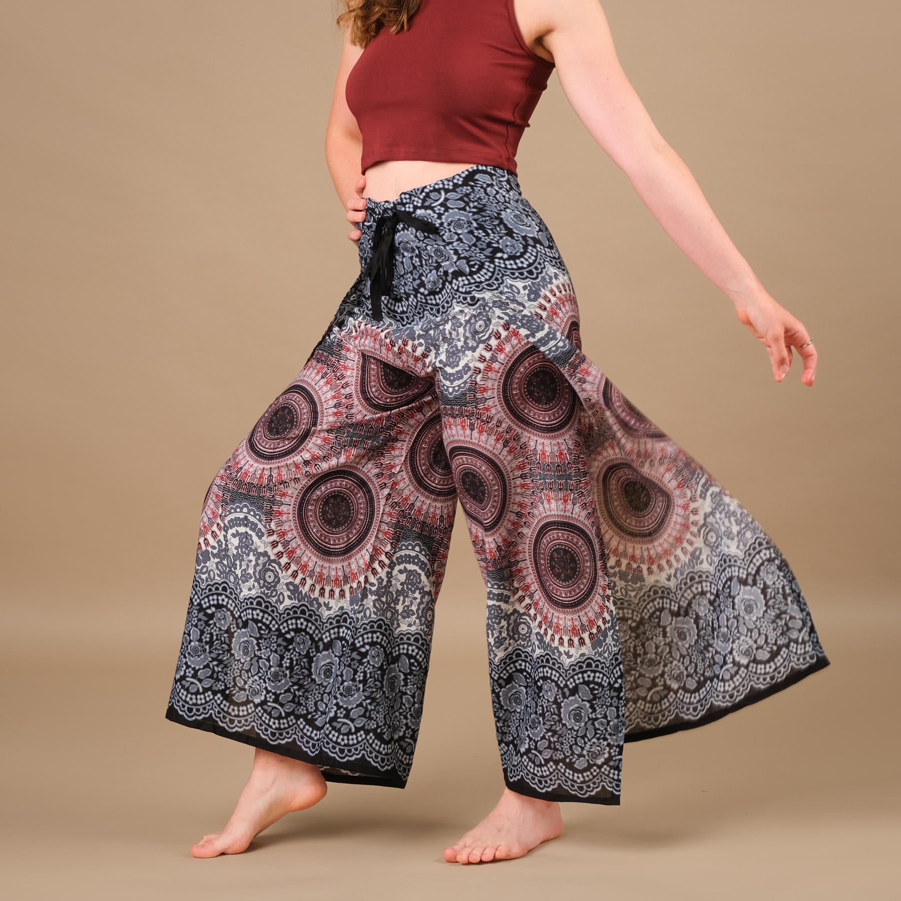 Pantalon Palazzo Wrap Mandala blanc tissu léger et aéré