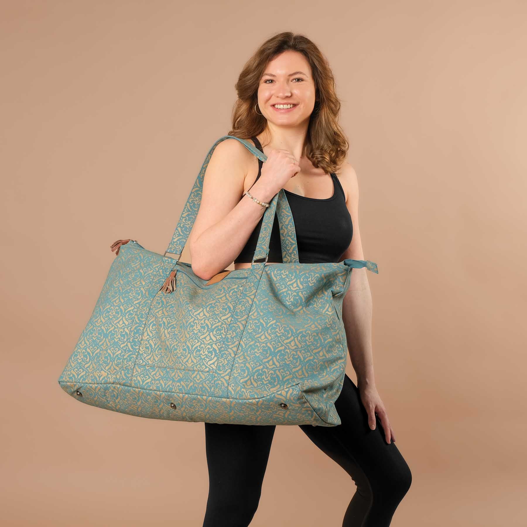 Sac de yoga grand - sac de voyage en coton blockprint turquoise
