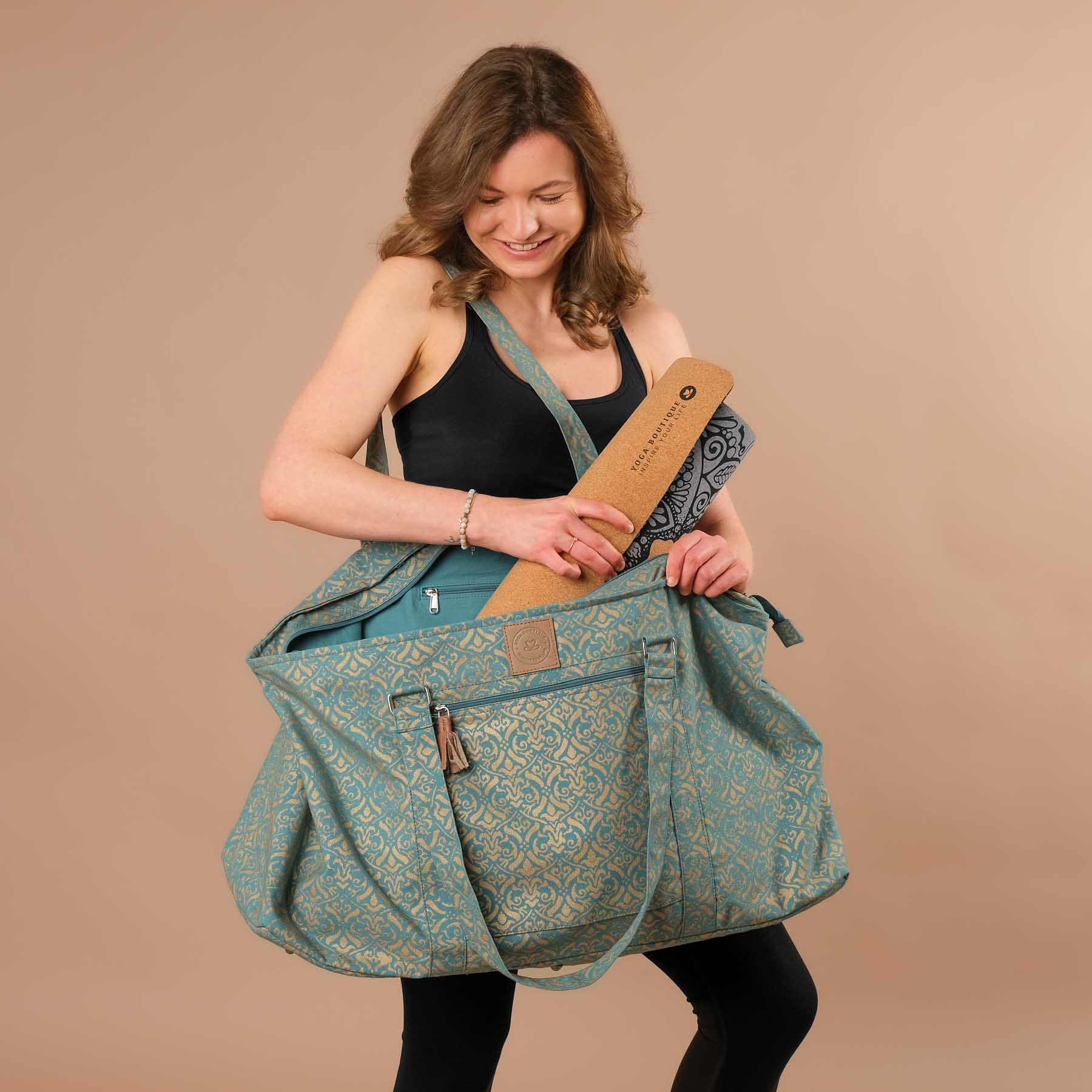 Sac de yoga grand - sac de voyage en coton blockprint turquoise