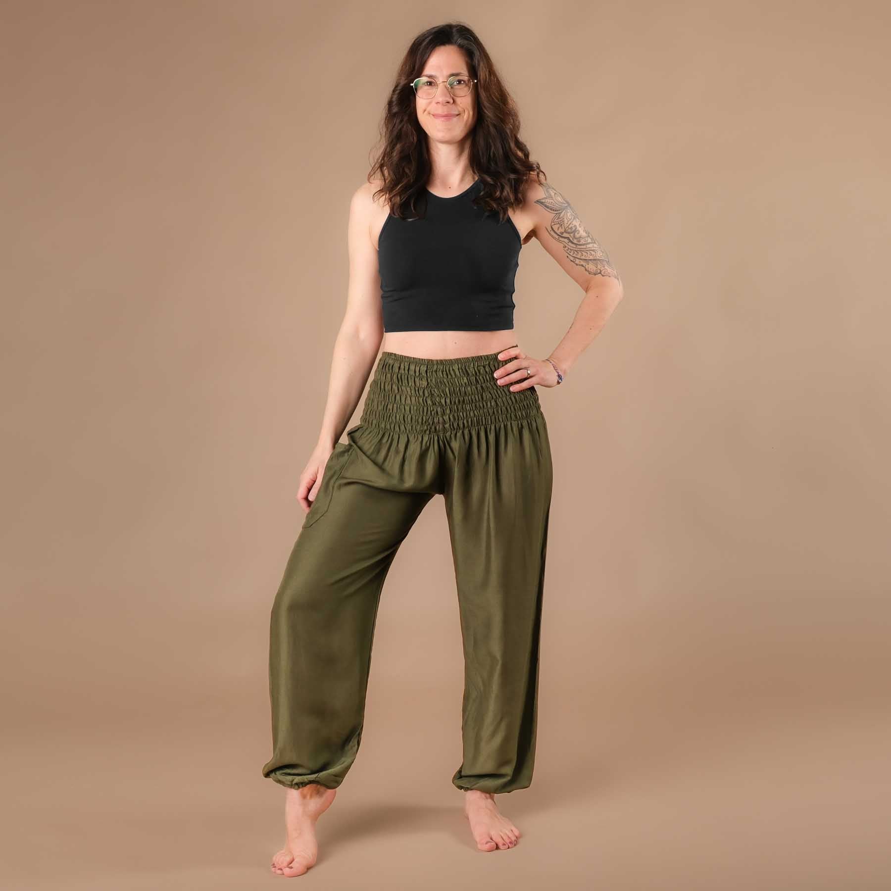 Pantalon de yoga harem uni olive