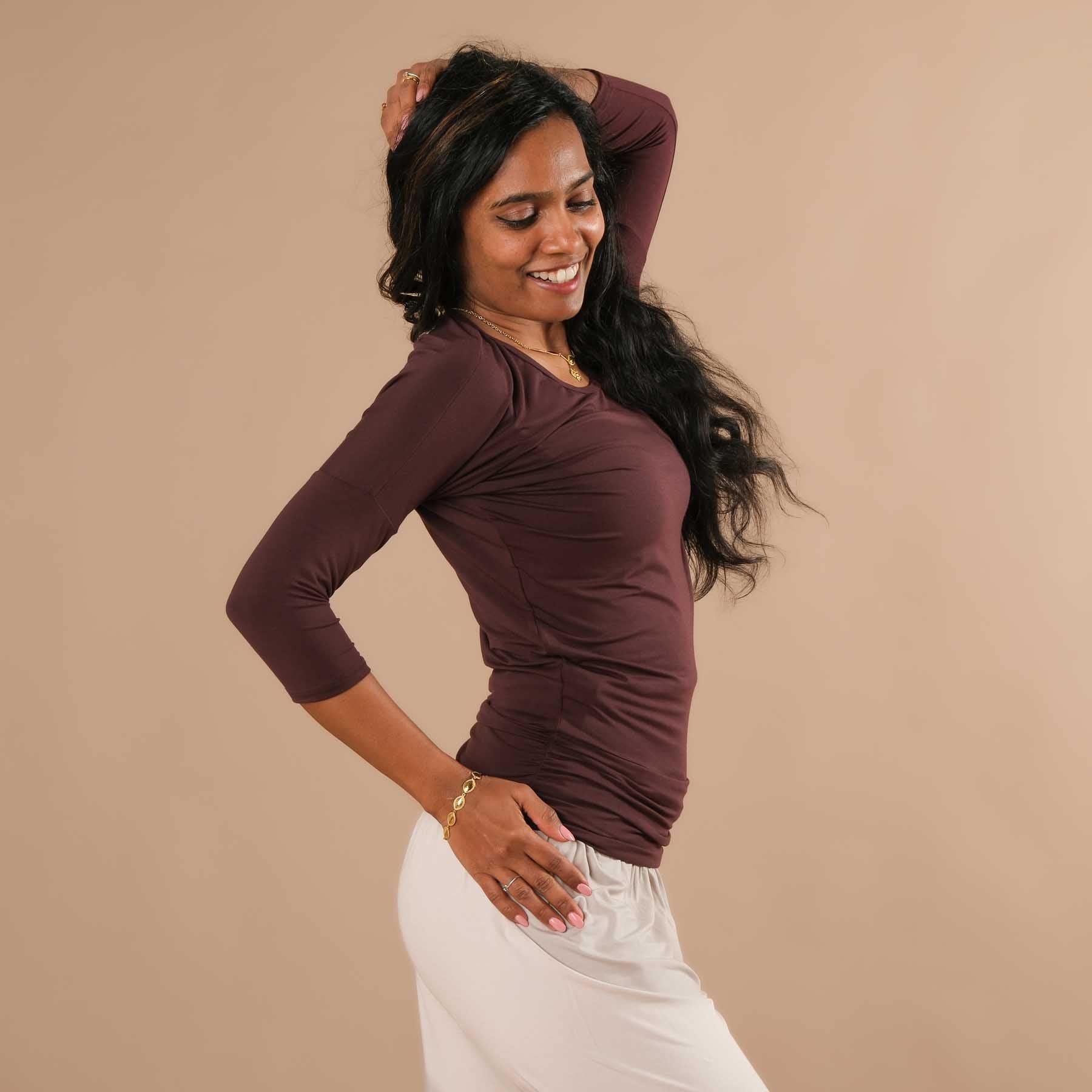 Yoga Shirt Comfy manches 3/4, fabriqué en Suisse, tissu très doux, aubergine