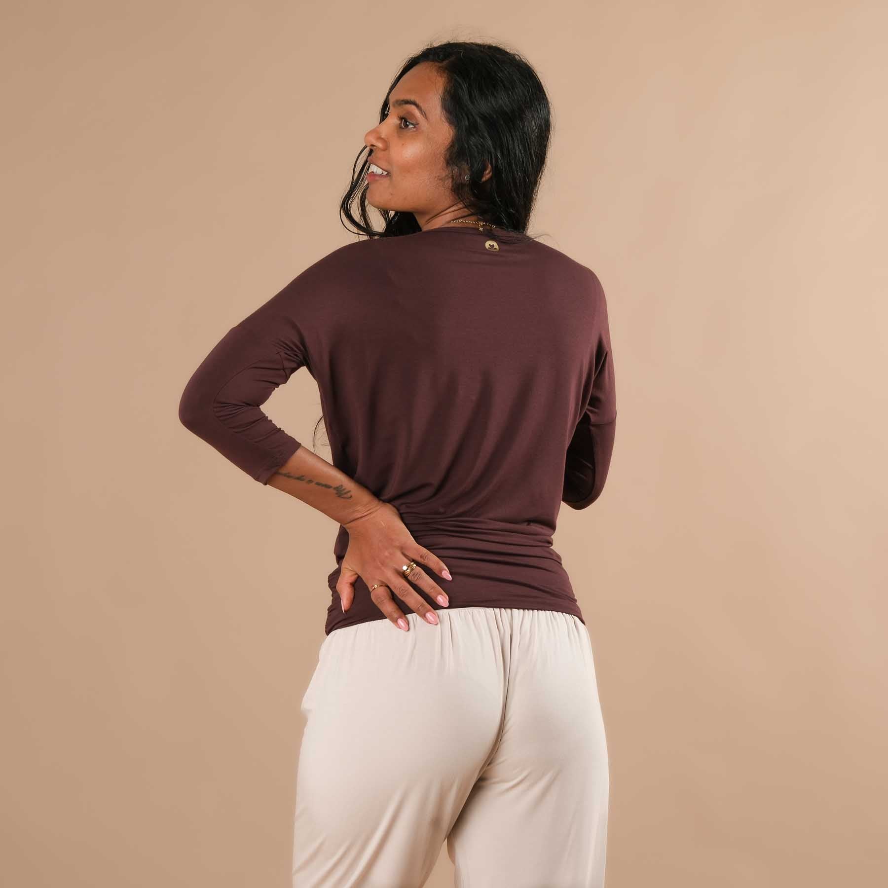 Yoga Shirt Comfy manches 3/4, fabriqué en Suisse, tissu très doux, aubergine