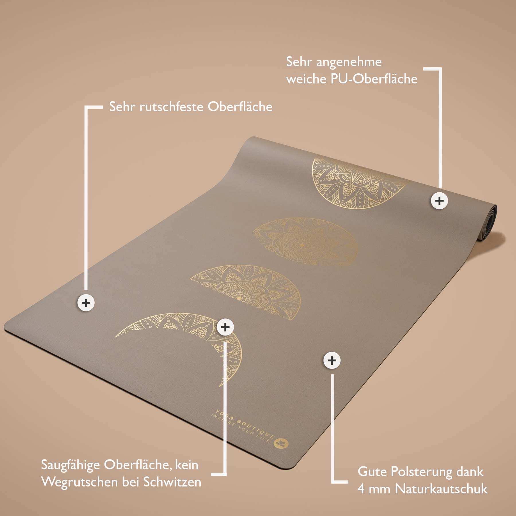 Tapis de yoga SuperGrip 2.0 Mandala Moon super antidérapant en caoutchouc naturel sable