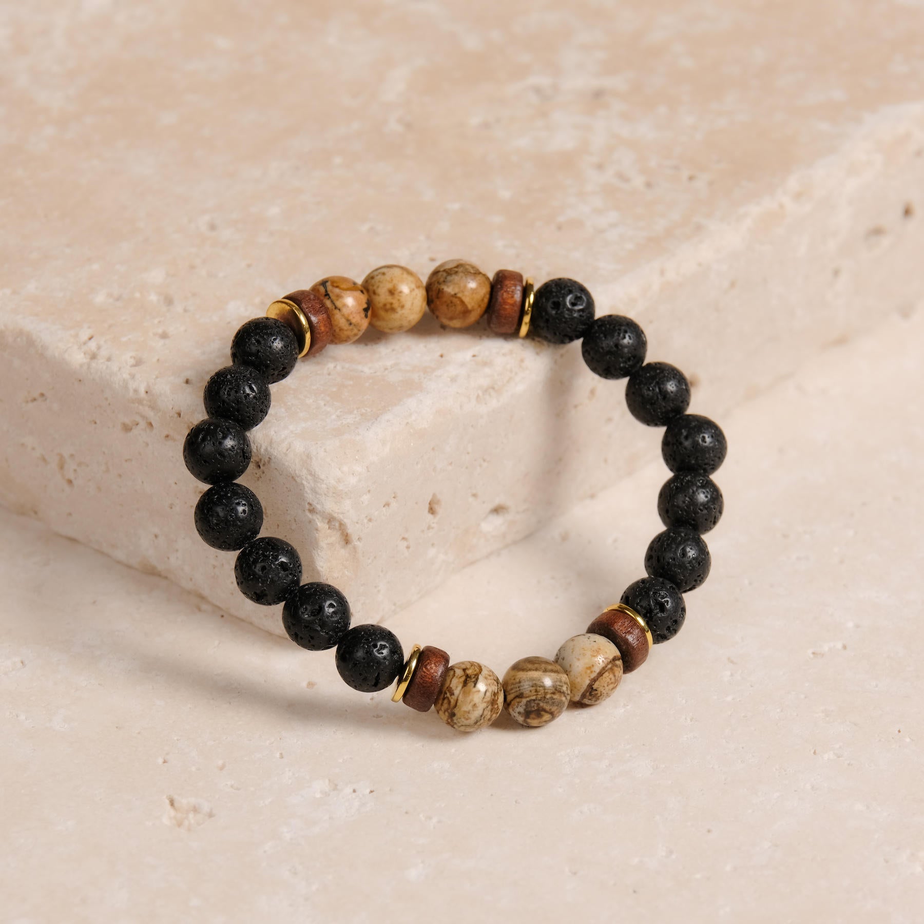 Bracelet de pierres précieuses Stability avec pierre de lave, jaspe paysage et bois