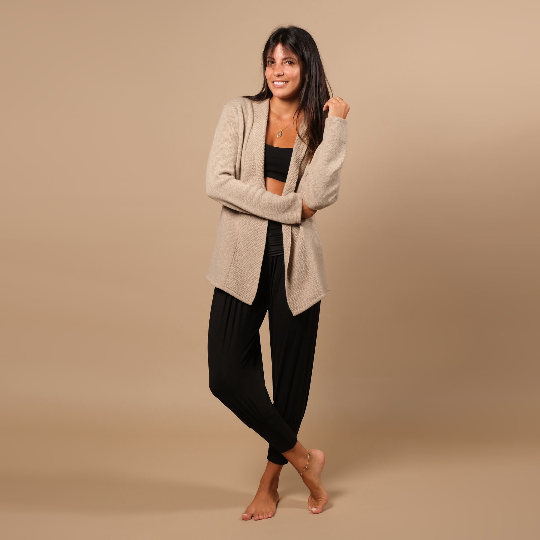 Cardigan en cachemire mérinos, cardigan de yoga, durable, beige élégant