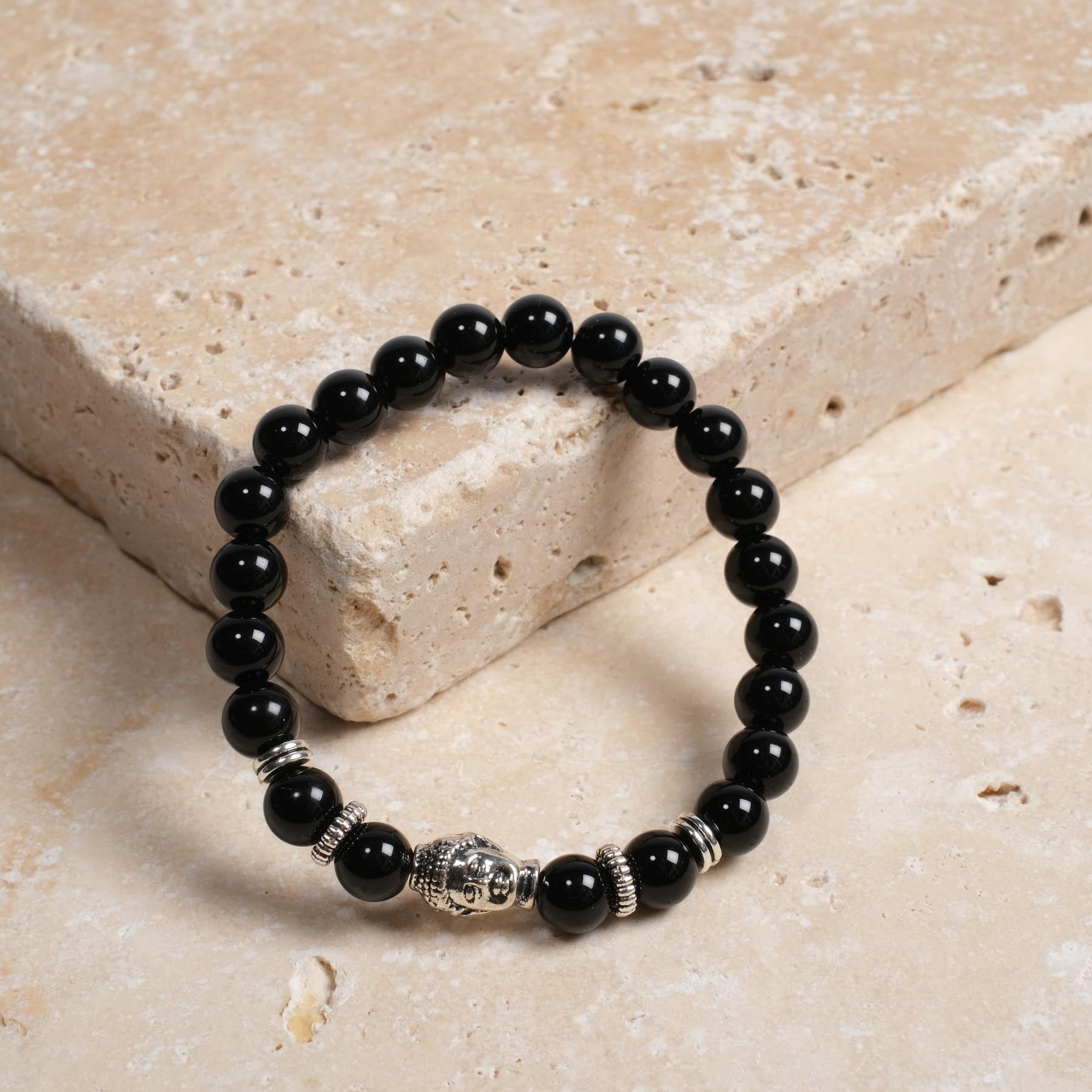 Bracelet de pierres précieuses Silver Buddha en agate noire
