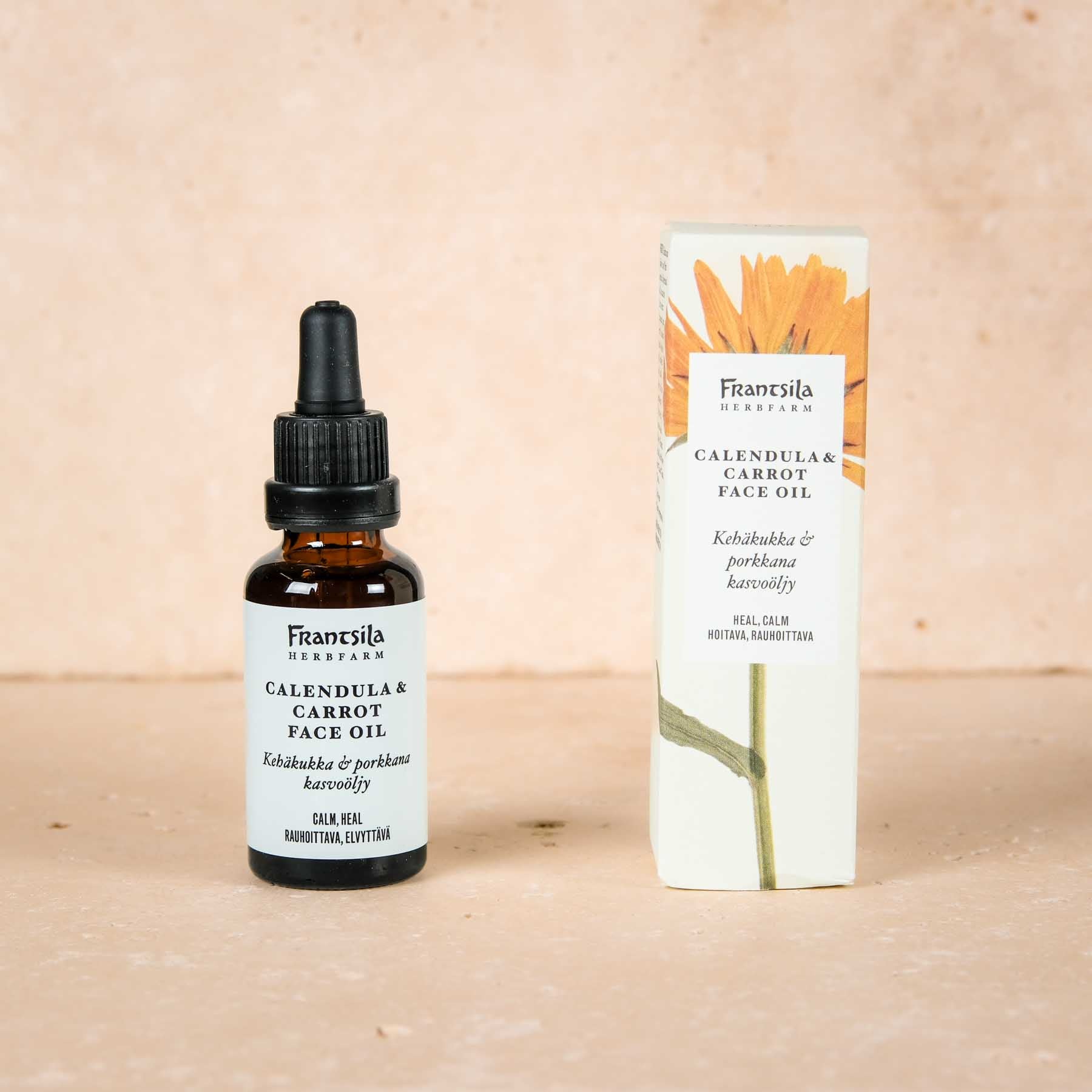 Choyez votre peau avec l'huile pour le visage au calendula (souci) & à la carotte de Frantsila - les meilleurs cosmétiques naturels de Finlande.