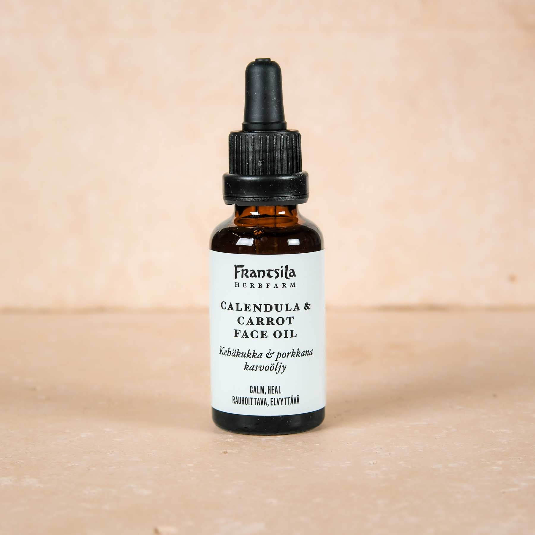 Choyez votre peau avec l'huile pour le visage au calendula (souci) & à la carotte de Frantsila - les meilleurs cosmétiques naturels de Finlande.