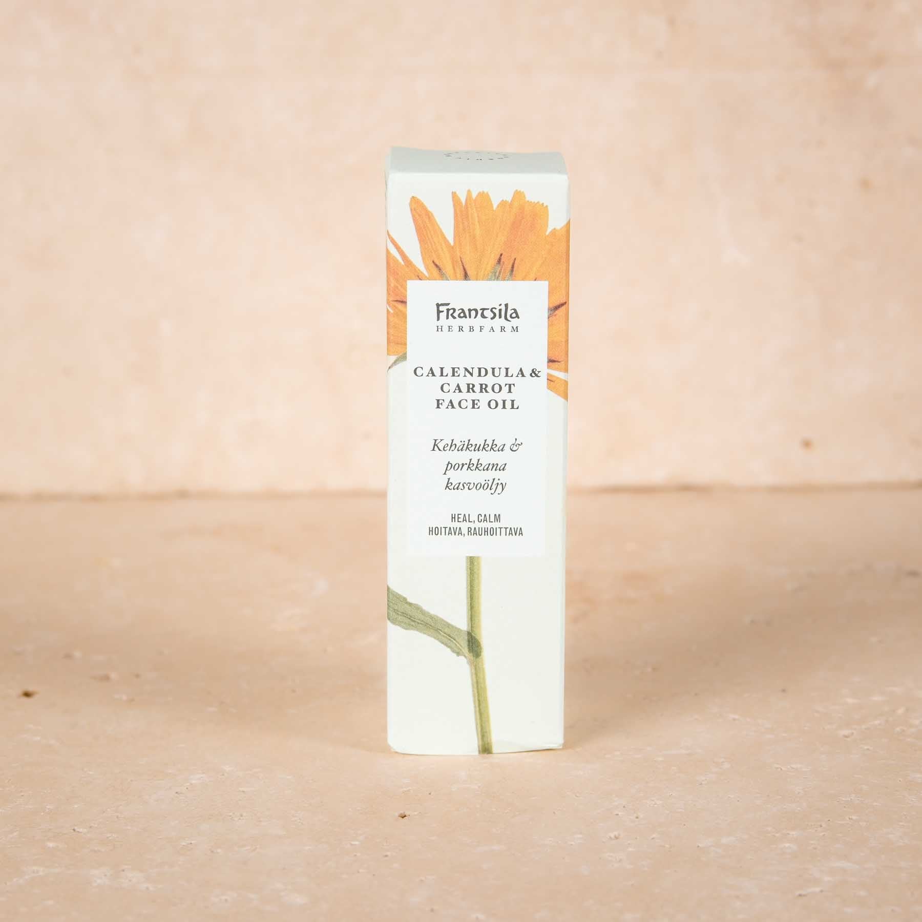 Choyez votre peau avec l'huile pour le visage au calendula (souci) & à la carotte de Frantsila - les meilleurs cosmétiques naturels de Finlande.