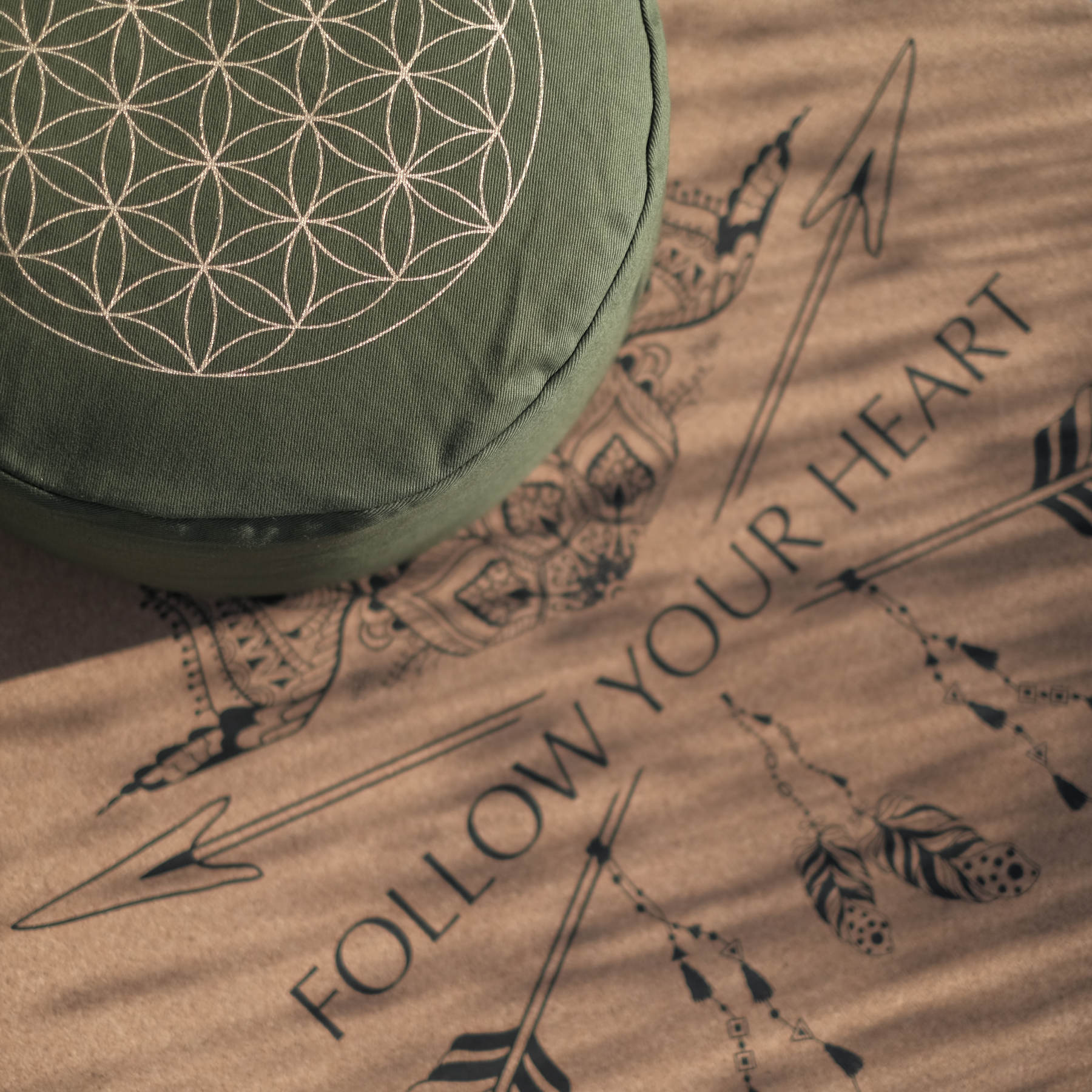 Coussin de méditation rond Fleur de vie gold Print olive vert