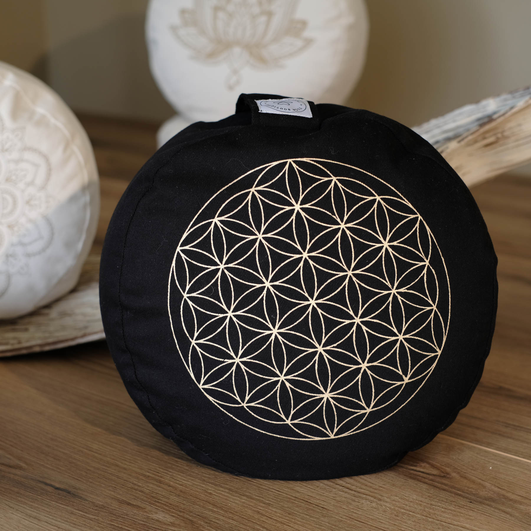 Coussin de méditation rond Fleur de vie or Print noir