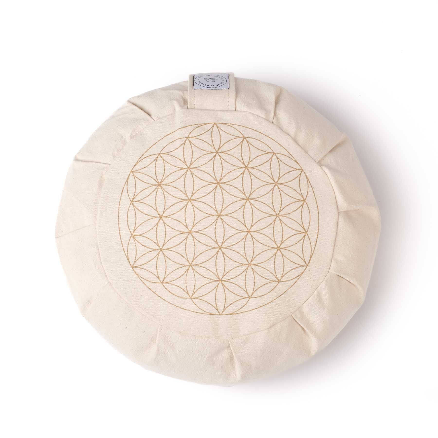 Coussin de méditation durable Zafu Fleur de vie blanc naturel
