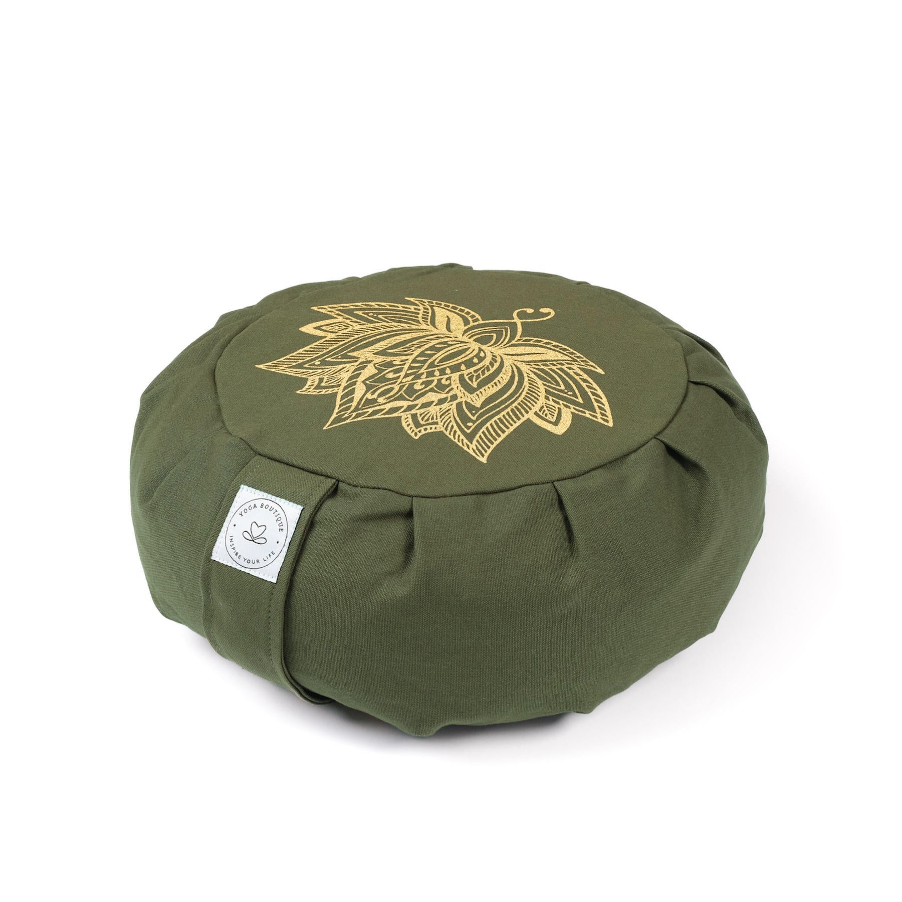 Coussin de méditation Zafu en coton bio vert olive avec imprimé or Lotus