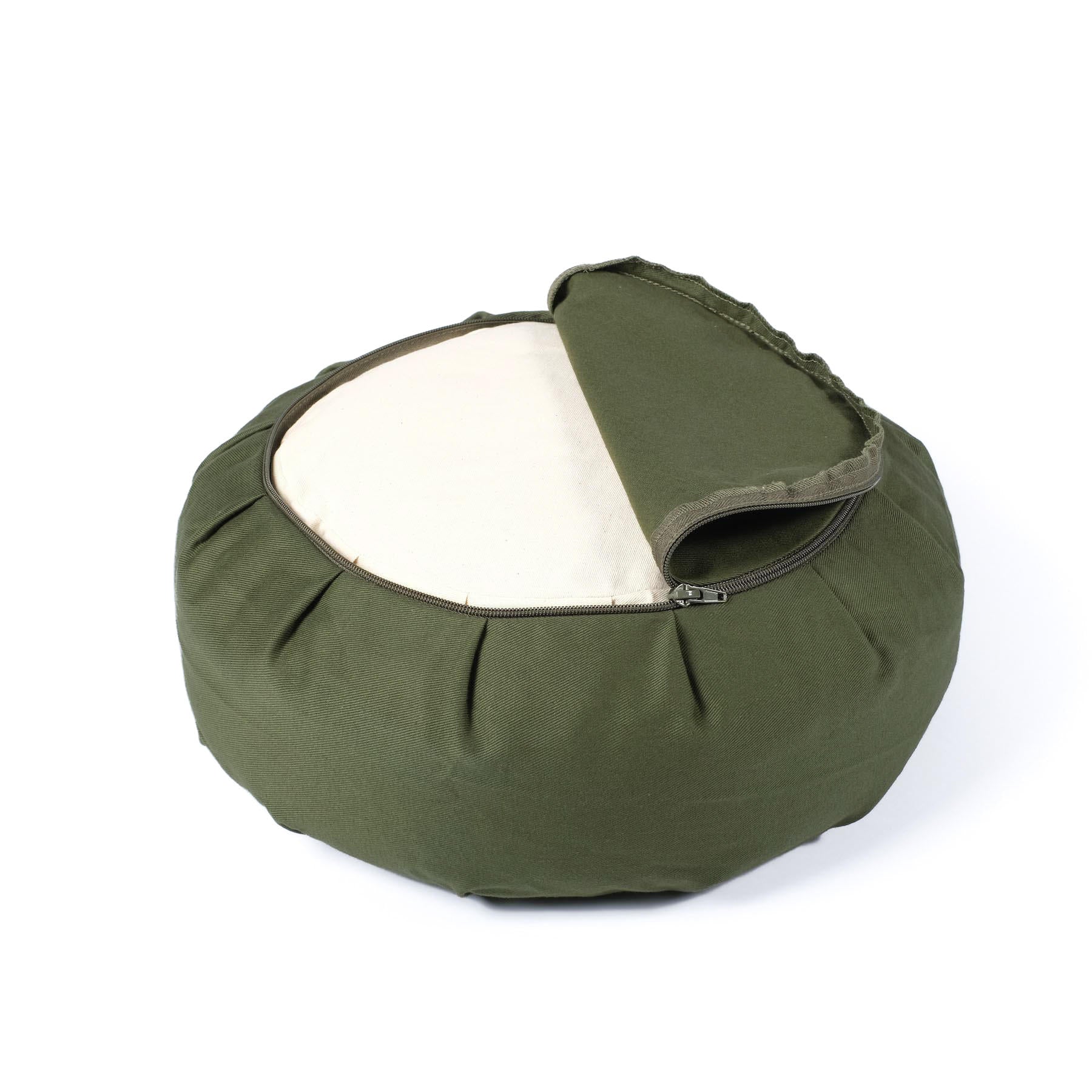 Coussin de méditation Zafu en coton bio vert olive avec imprimé or Lotus