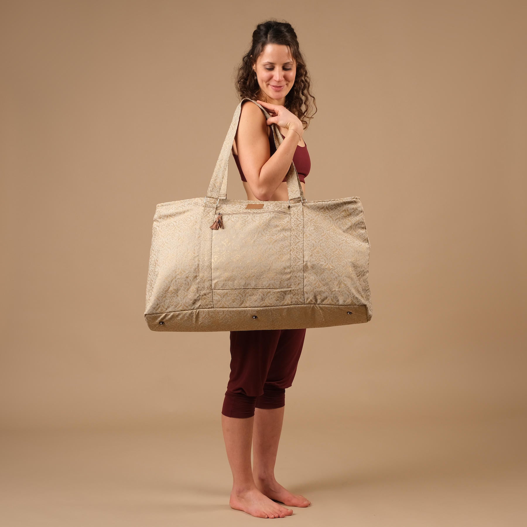 Sac de yoga grand - sac de voyage en coton blockprint sable