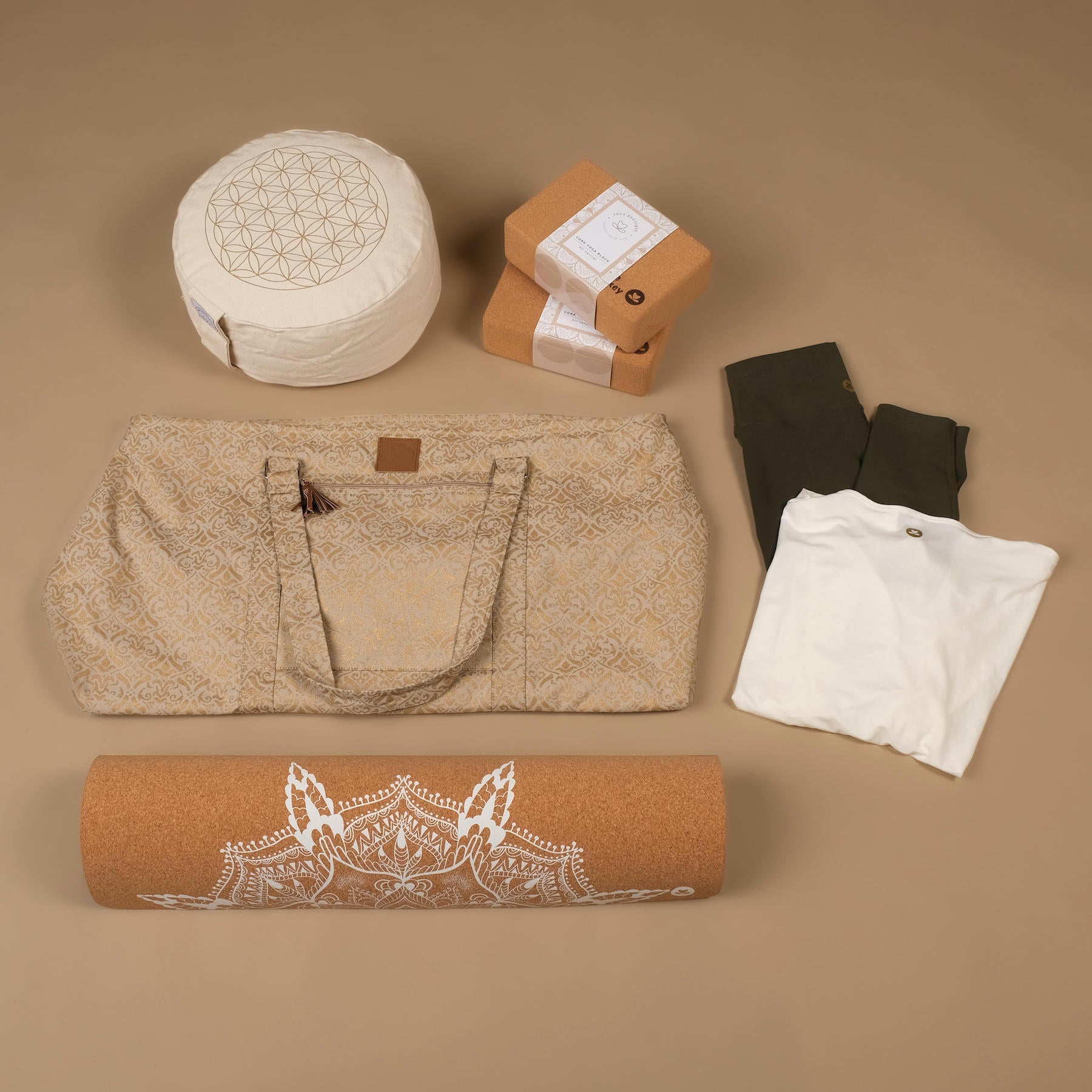 Sac de yoga grand - sac de voyage en coton blockprint sable
