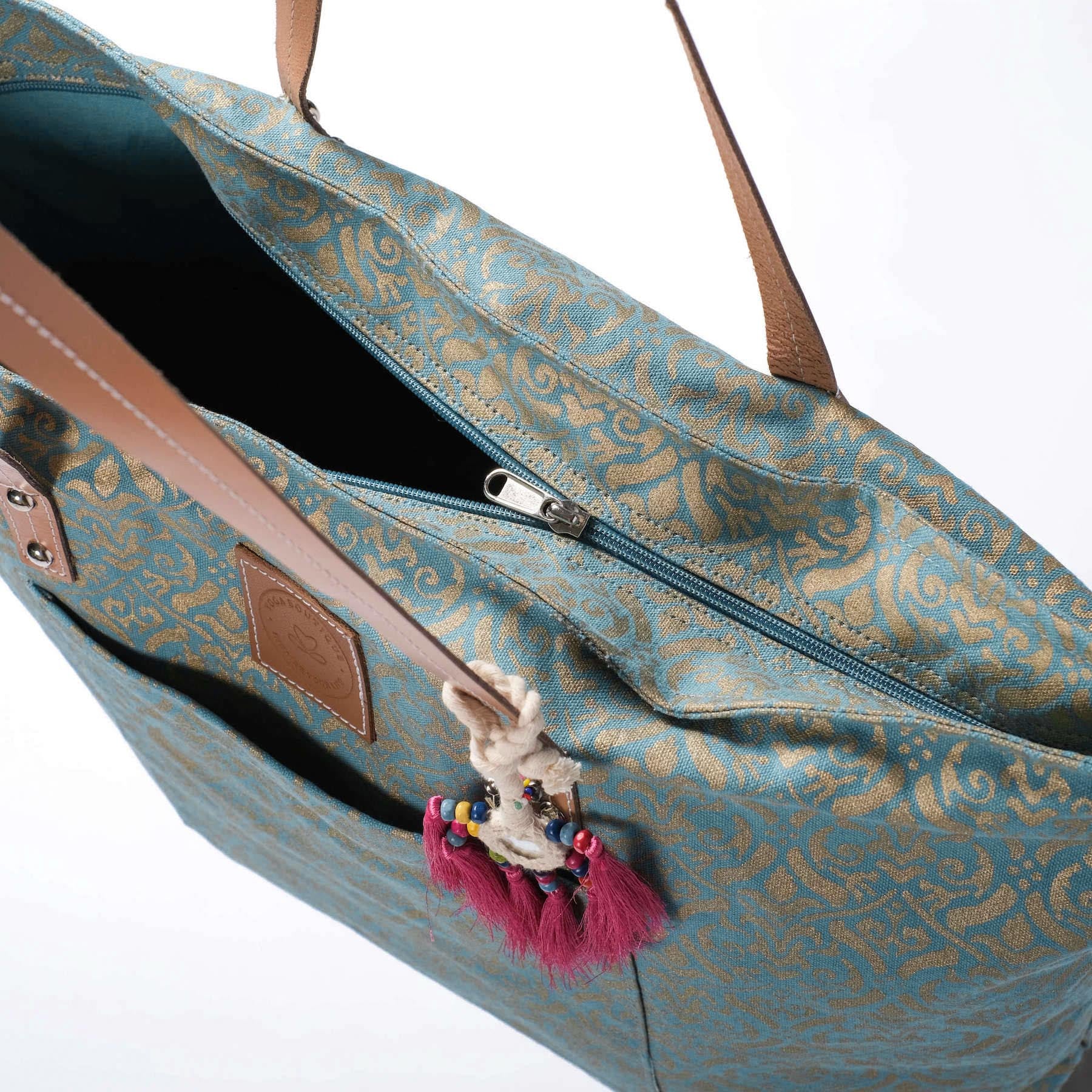 Sac de yoga Taj Mahal en coton bio avec imprimé bloc doré green-water