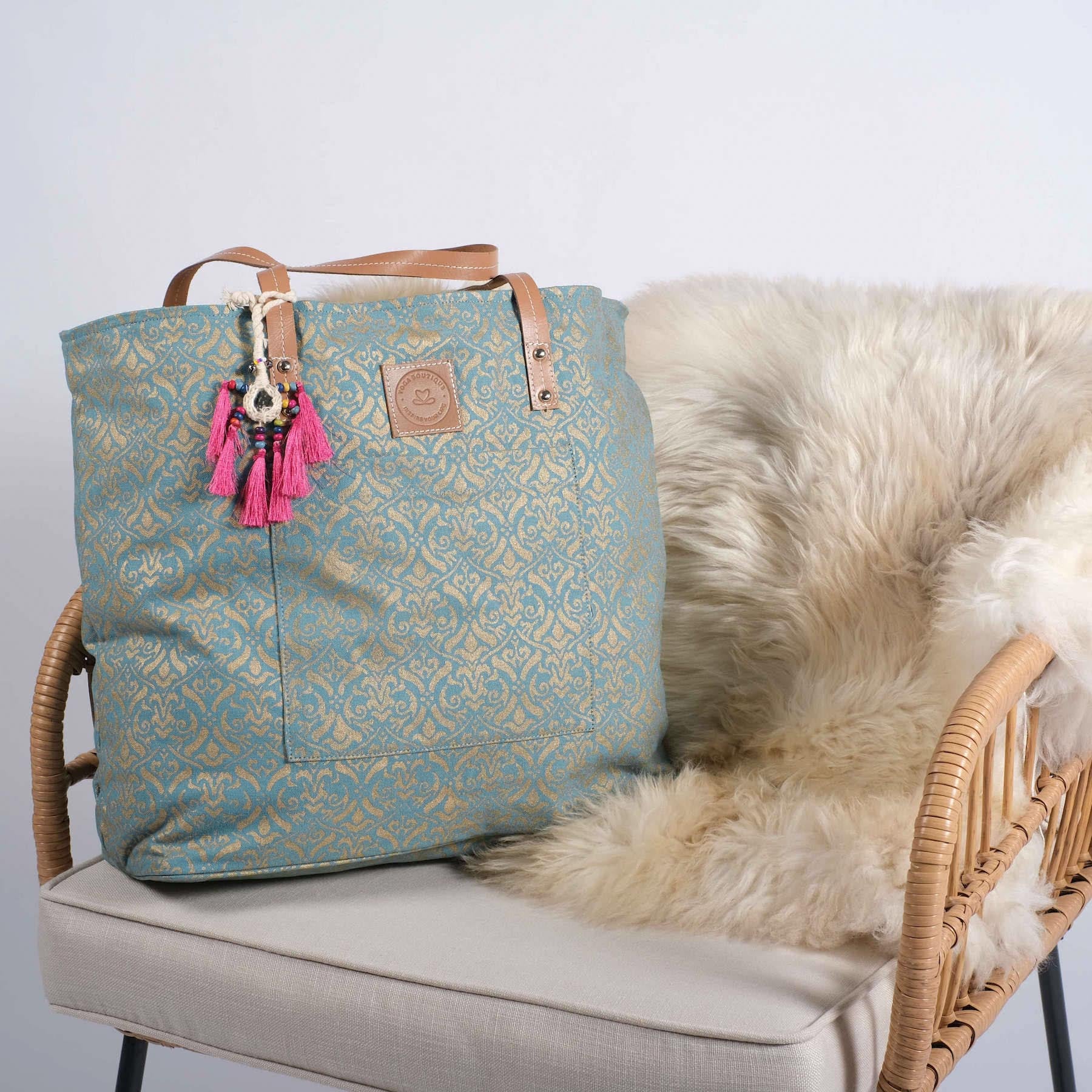 Sac de yoga Taj Mahal en coton bio avec imprimé bloc doré green-water