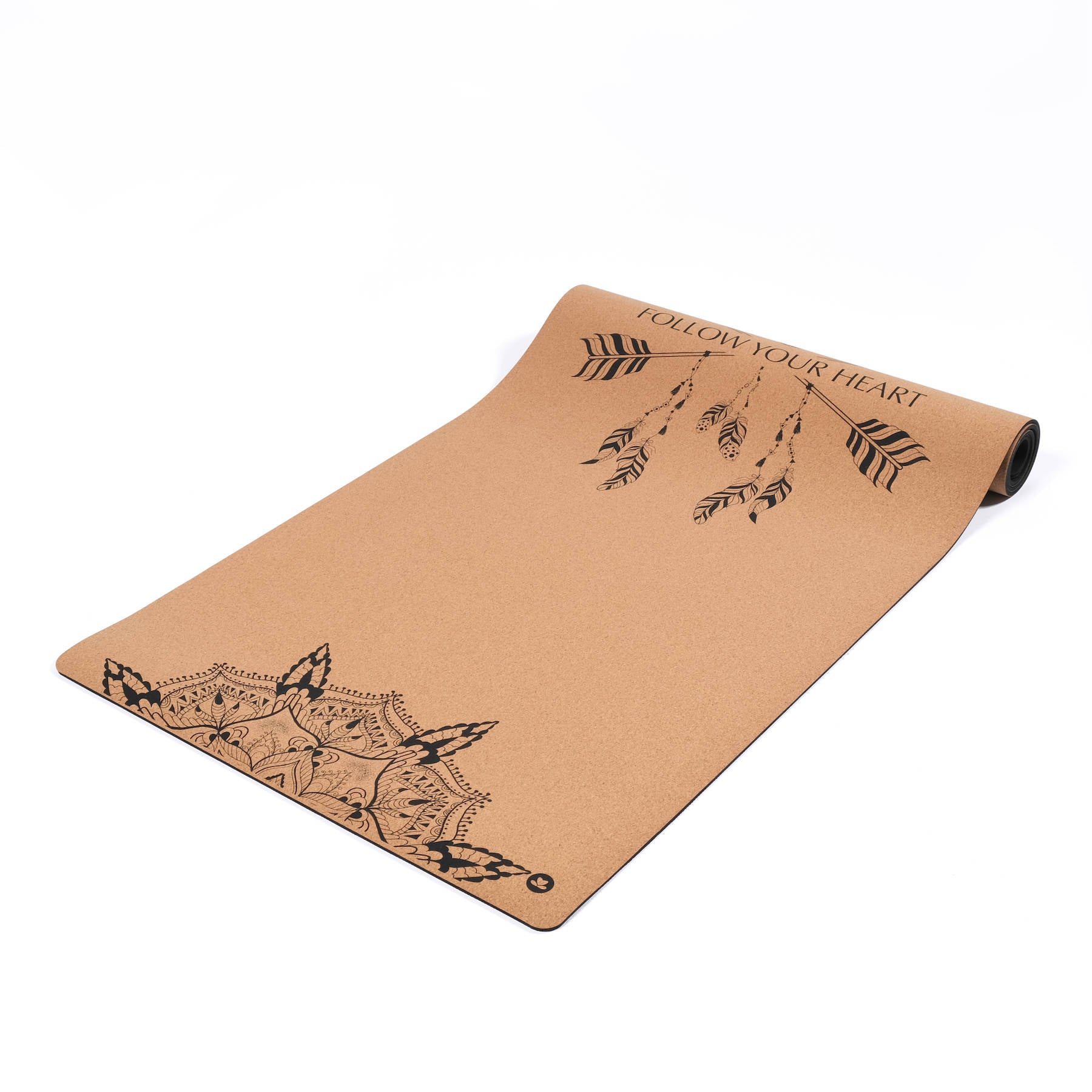 Tapis de yoga en liège Boho Follow your Heart noir