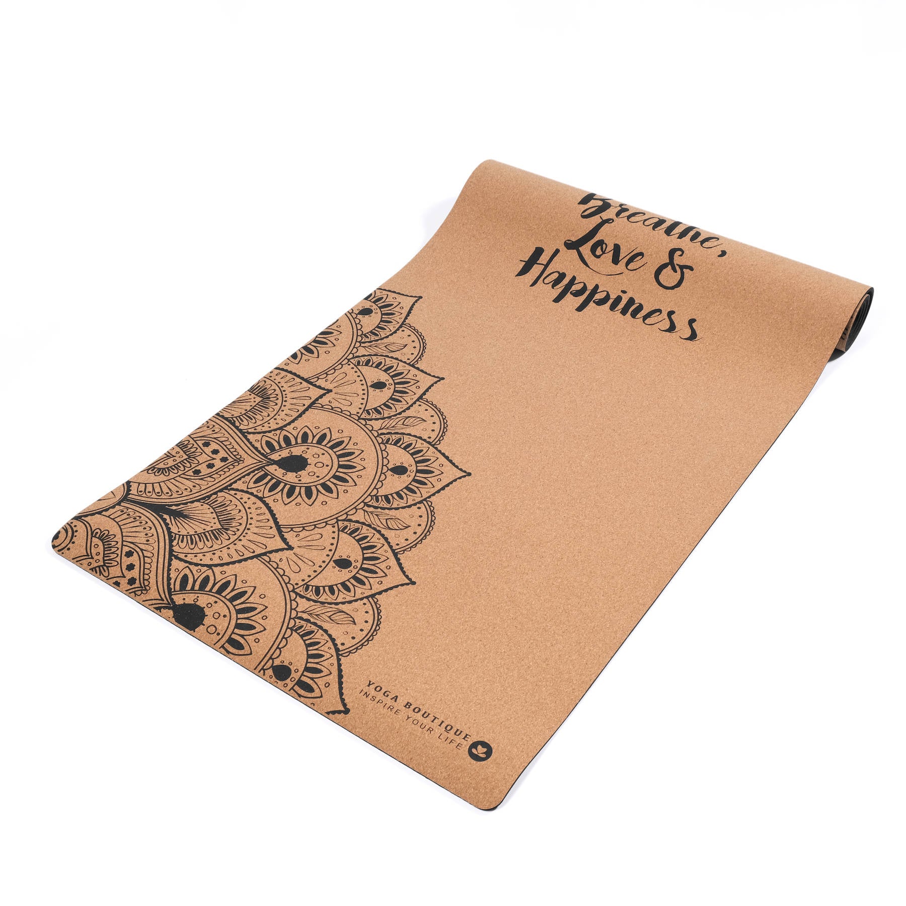 Tapis de yoga en liège Breathe, Love & Happiness