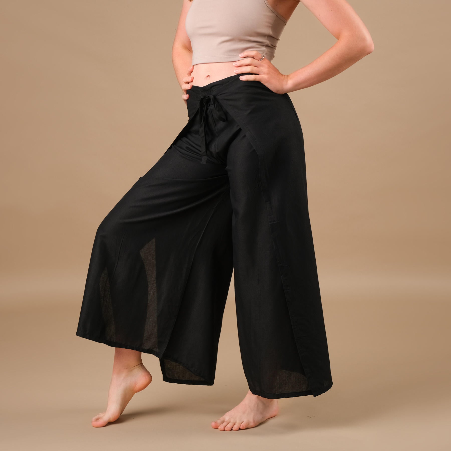 Palazzo Wrap pantalon uni noir aéré pantalon d'été léger
