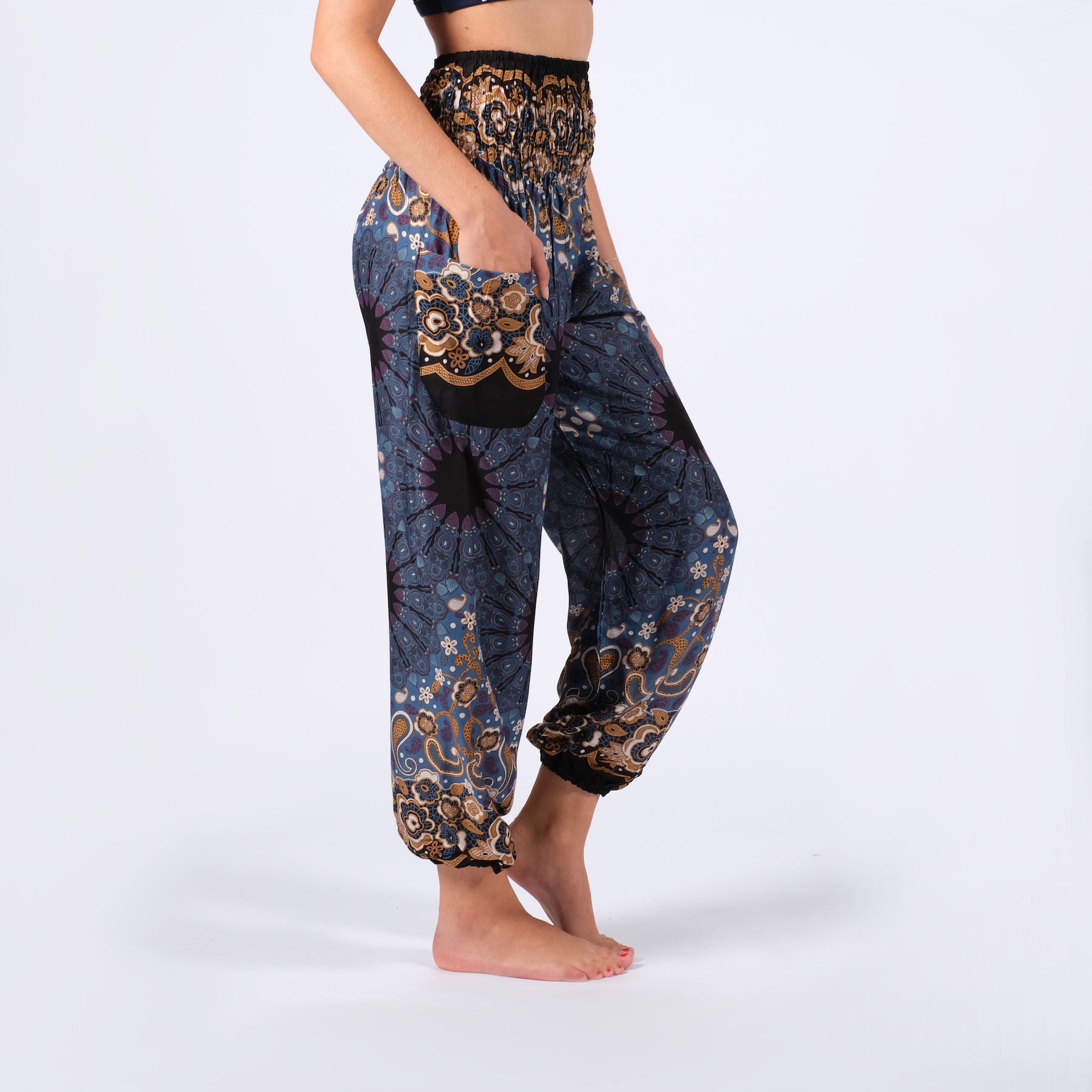 Pantalon de yoga harem Boho Pants Mandala gris-bleu