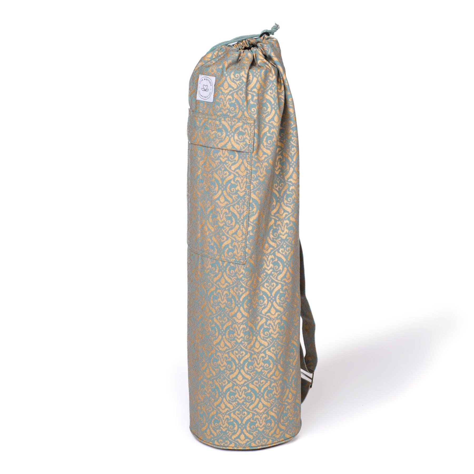 Sac pour matelas de yoga en coton bio avec blockprint doré green-water