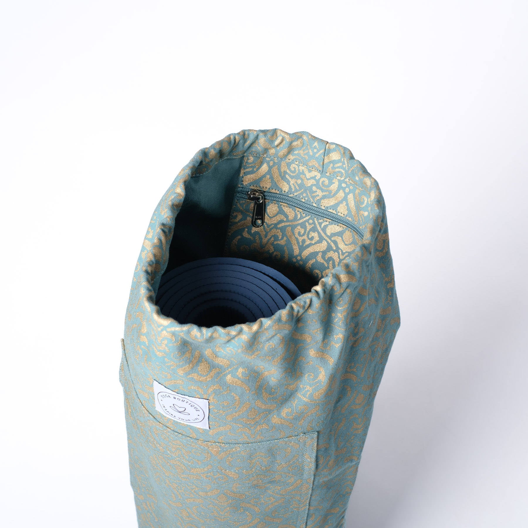 Sac pour matelas de yoga en coton bio avec blockprint doré green-water