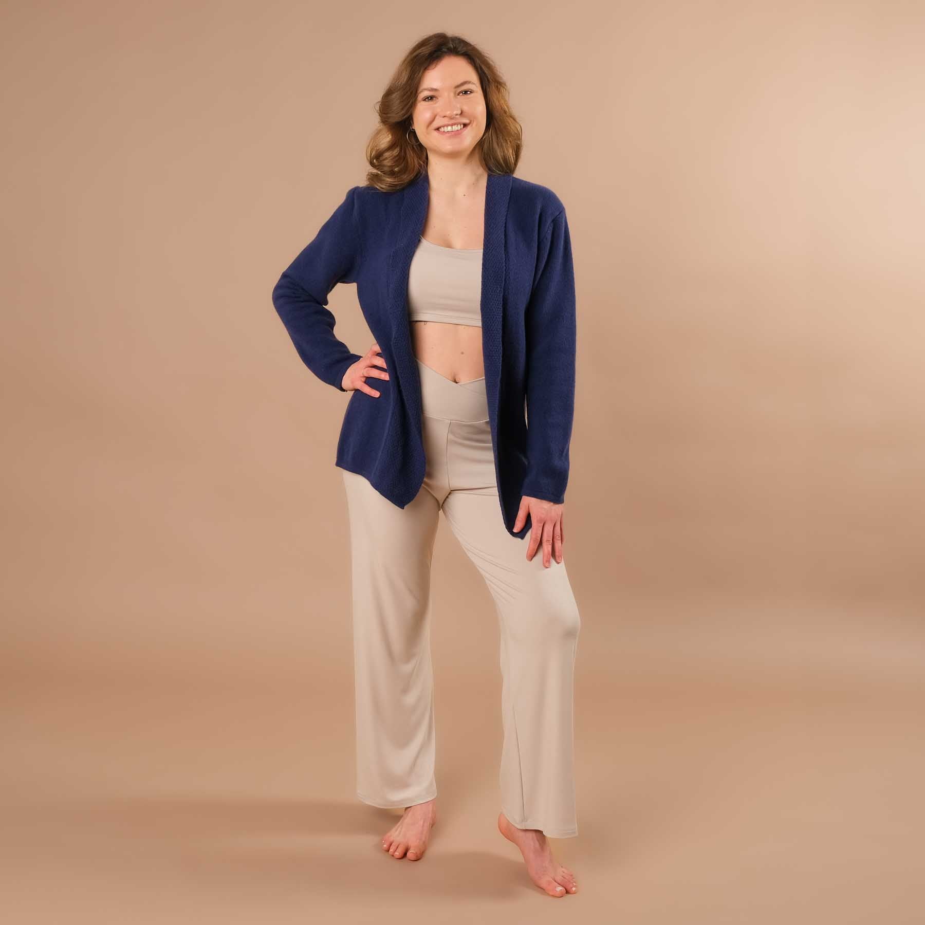 Cardigan en cachemire mérinos, cardigan de yoga, durable, bleu élégant