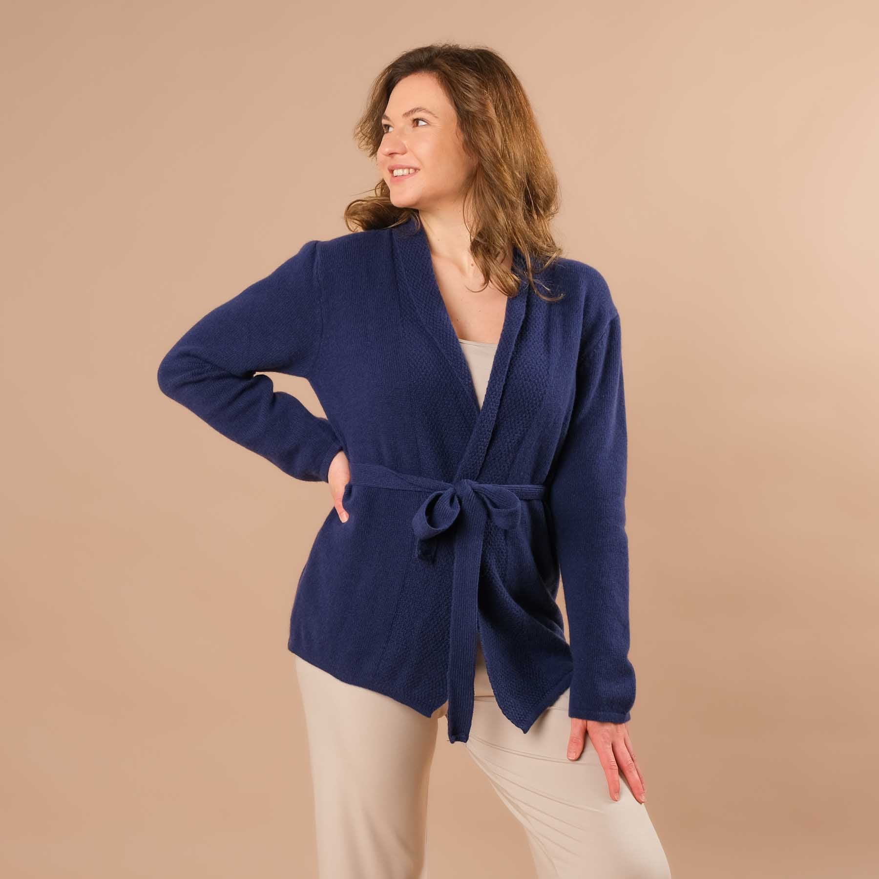 Cardigan en cachemire mérinos, cardigan de yoga, durable, bleu élégant