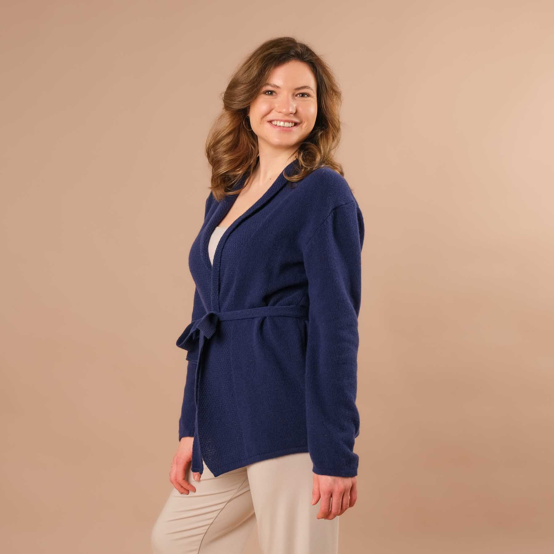 Cardigan en cachemire mérinos, cardigan de yoga, durable, bleu élégant