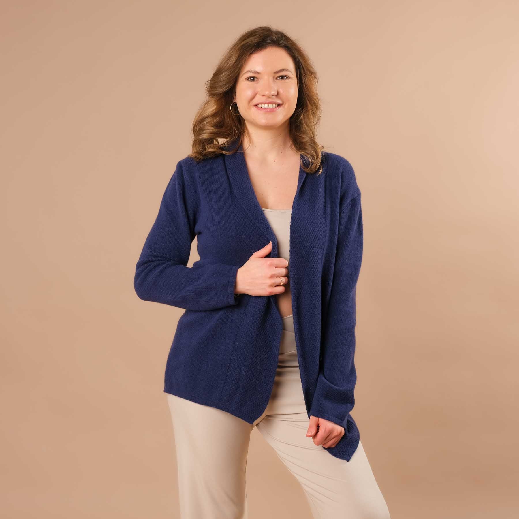 Cardigan en cachemire mérinos, cardigan de yoga, durable, bleu élégant