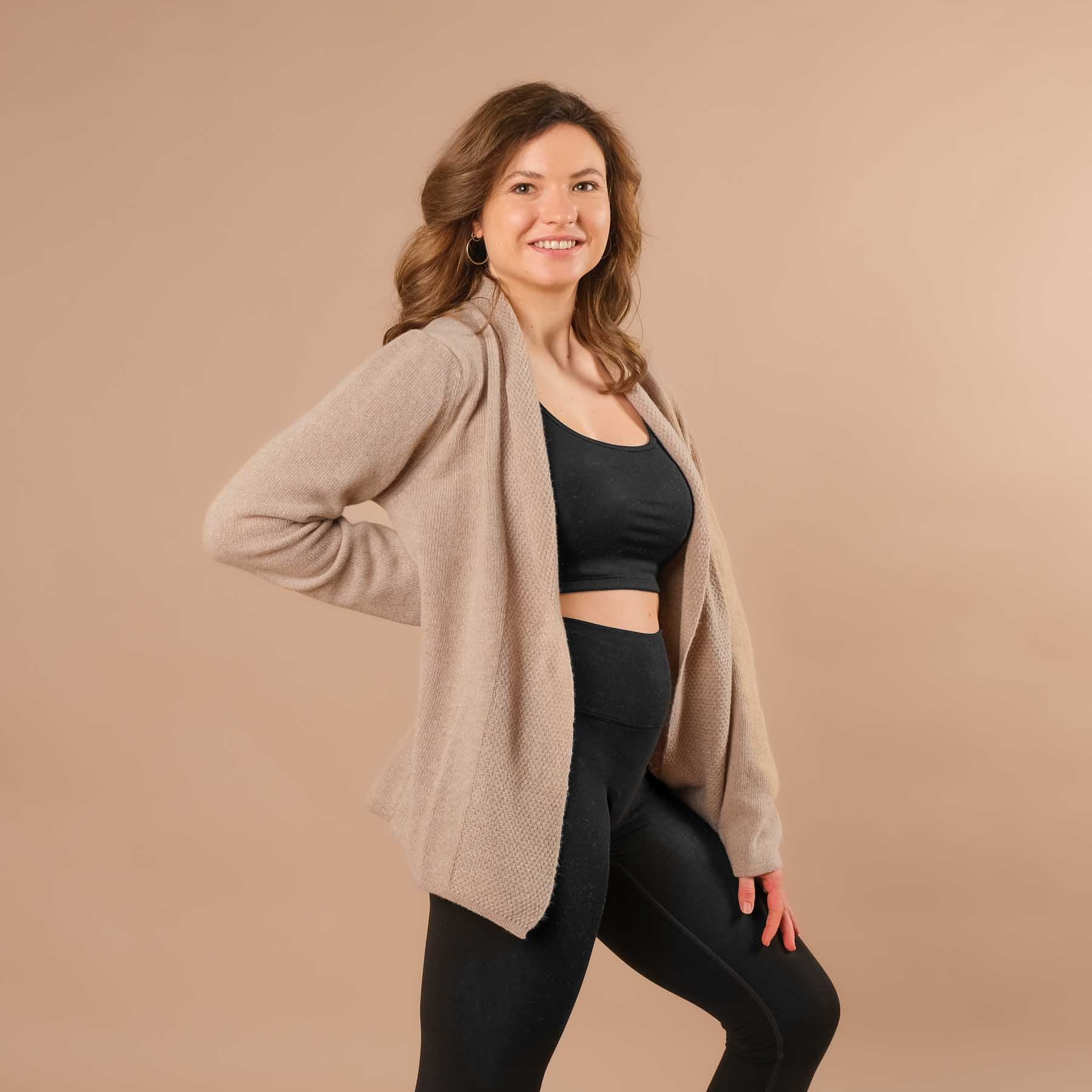 Cardigan en cachemire mérinos, cardigan de yoga, durable, beige élégant