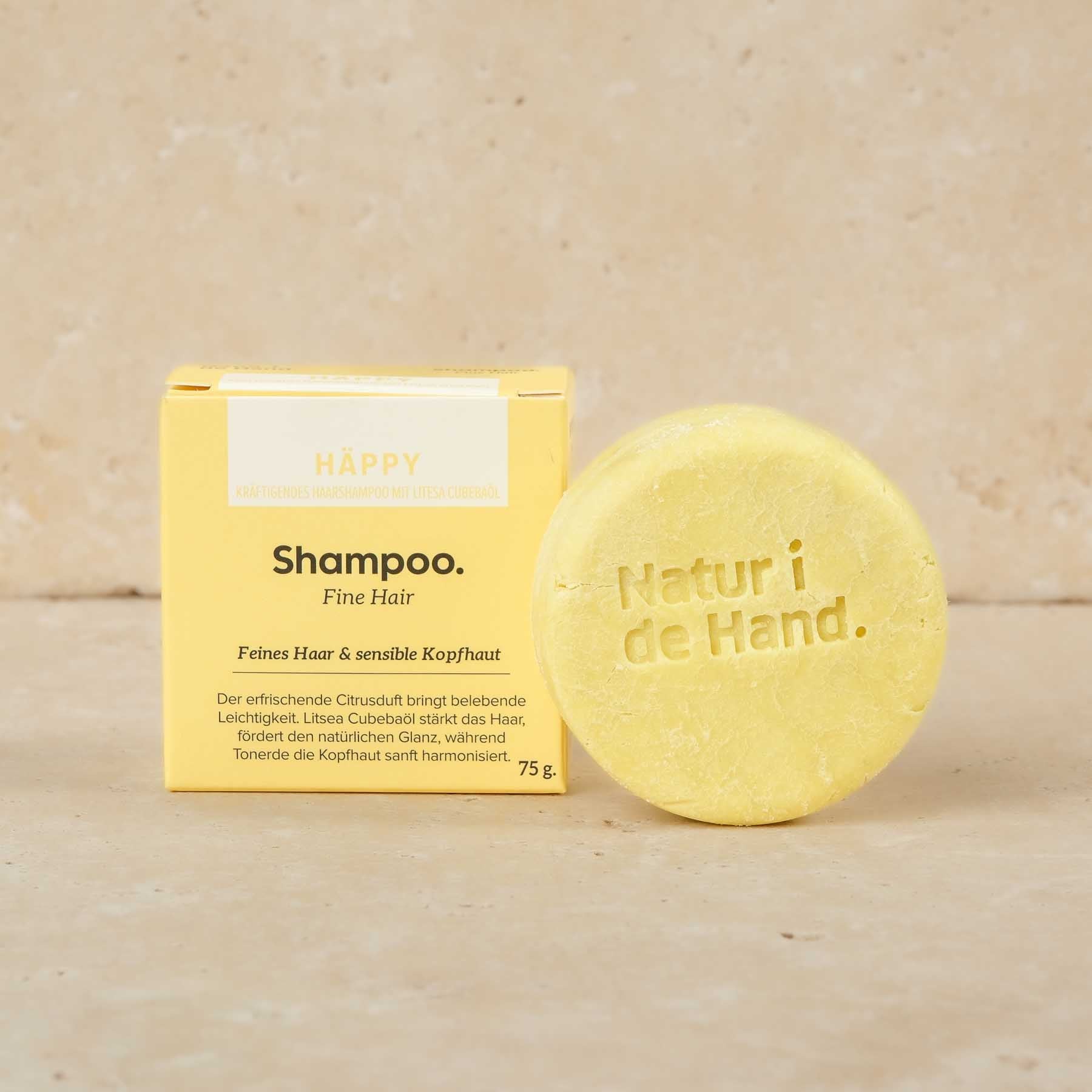 Savon pour les cheveux, shampooing solide Häppy, fabriqué durablement en Suisse, certifié cosmétique naturel