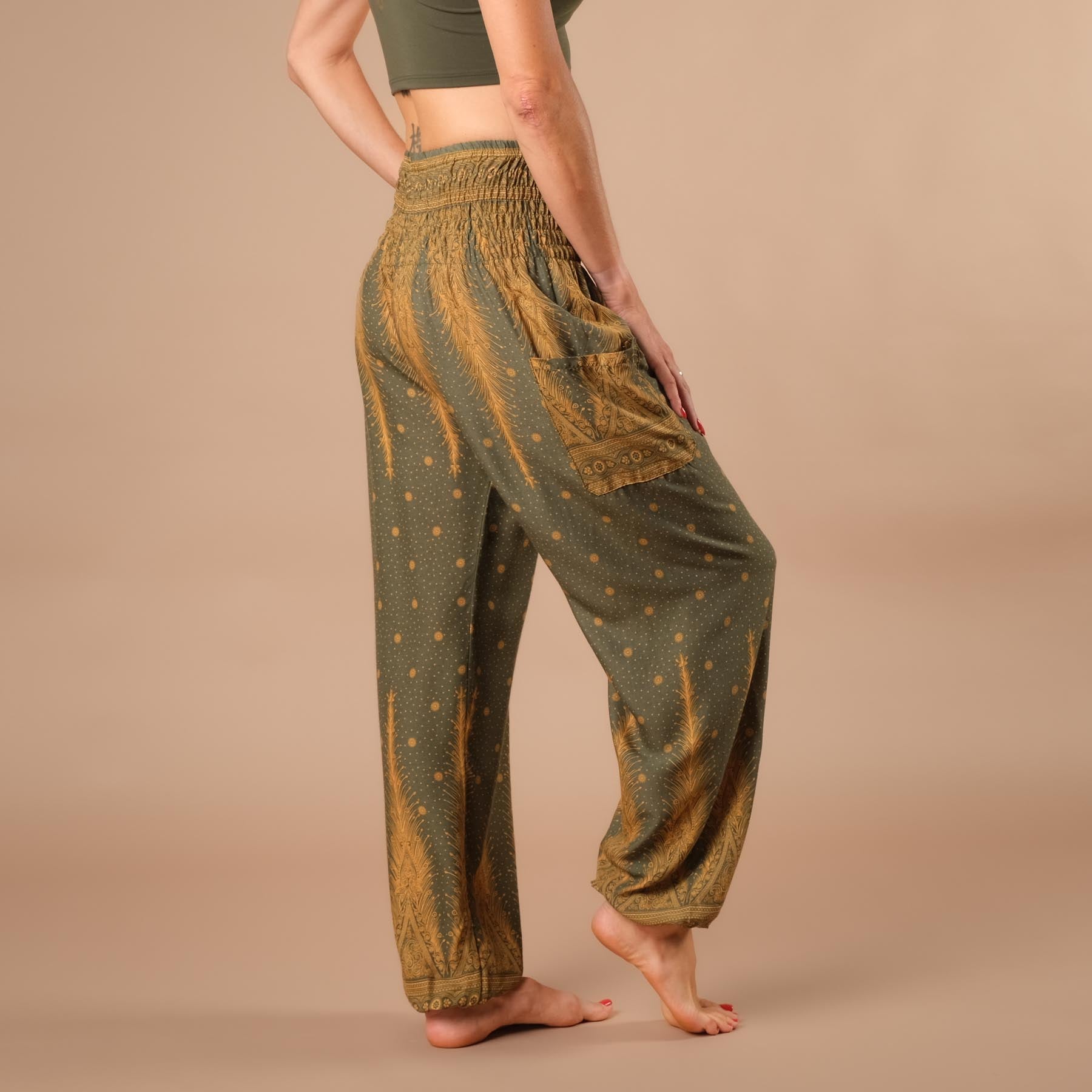 Pantalon de harem, sarouel pour le yoga et les loisirs Bohemian olive