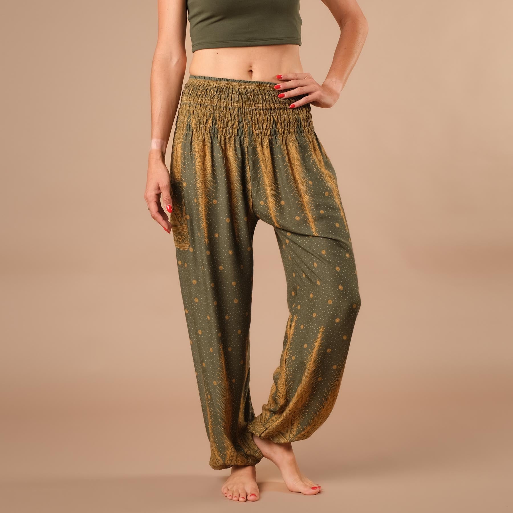 Pantalon de harem, sarouel pour le yoga et les loisirs Bohemian olive